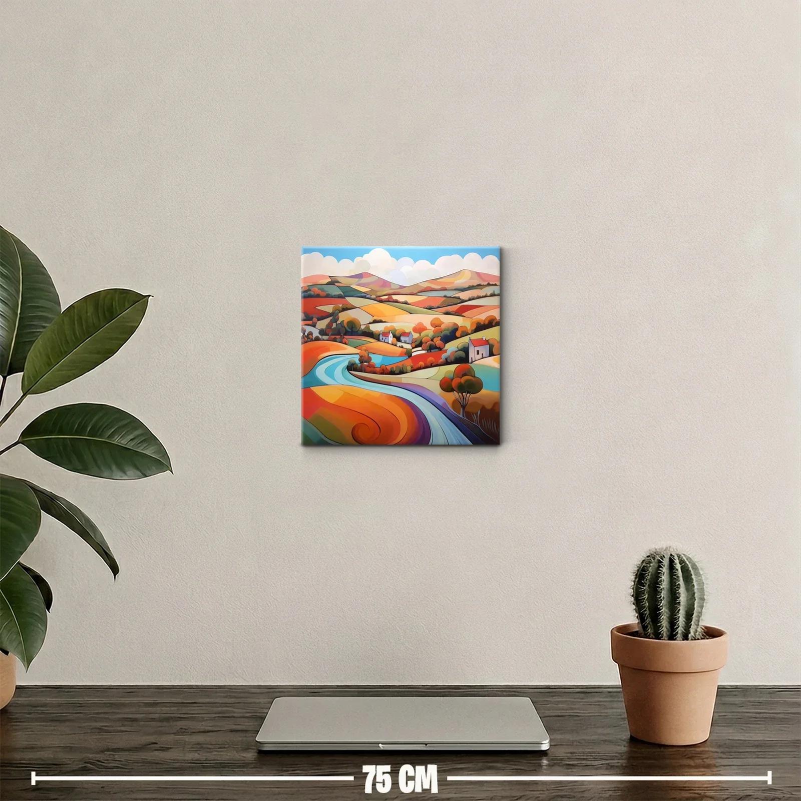 Paisaje colorido con río serpenteante y casas rurales — miniatura 2