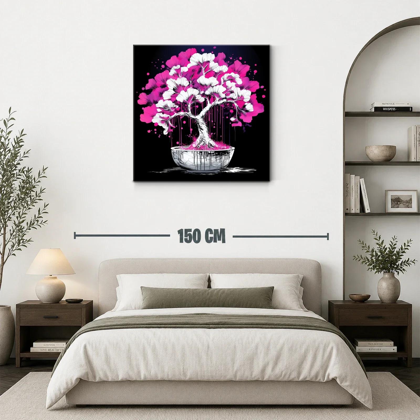 Árbol bonsái vibrante con flores rosa y blancas sobre fondo negro — miniatura 3