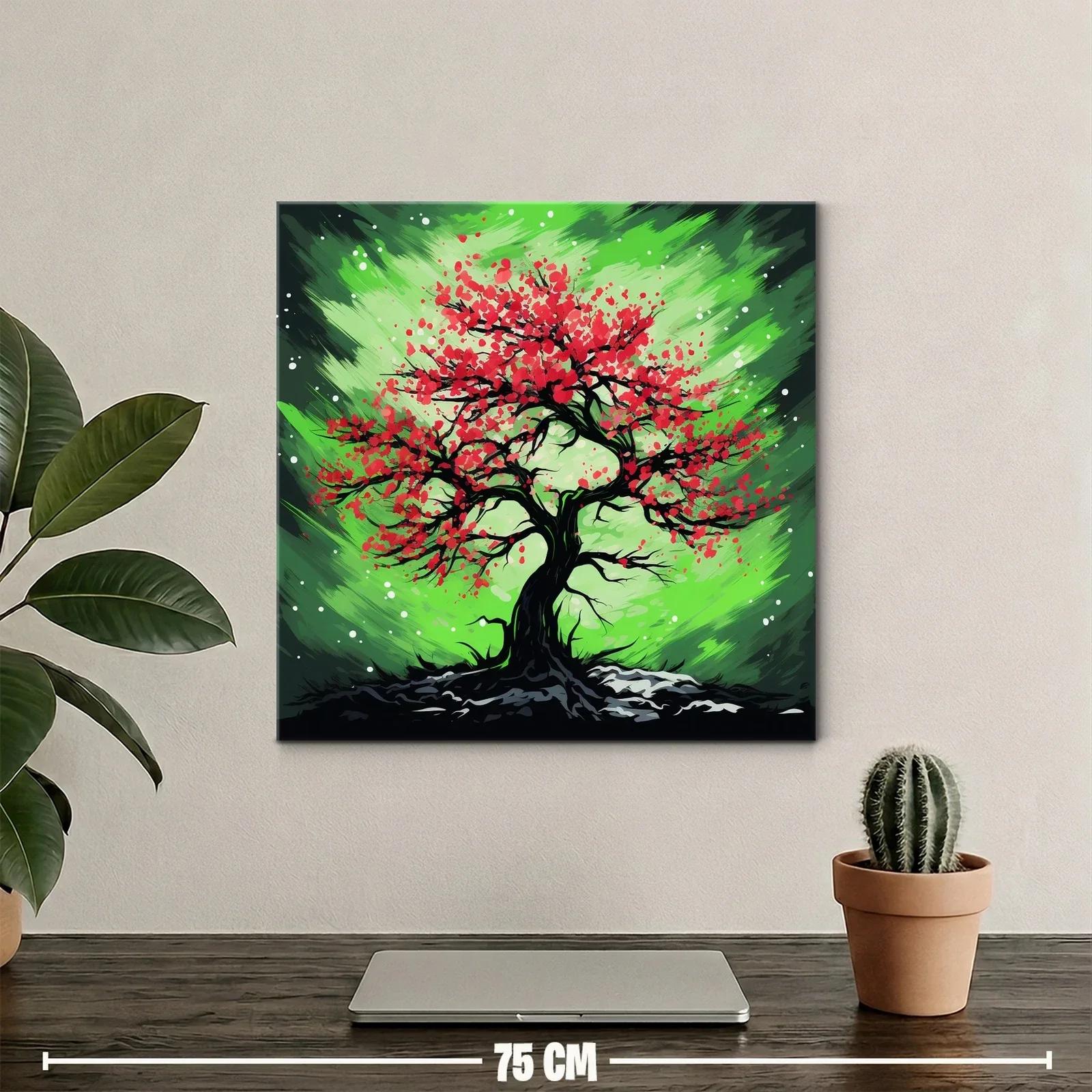 Árbol vibrante con flores rojas sobre fondo verde dinámico — miniatura 2