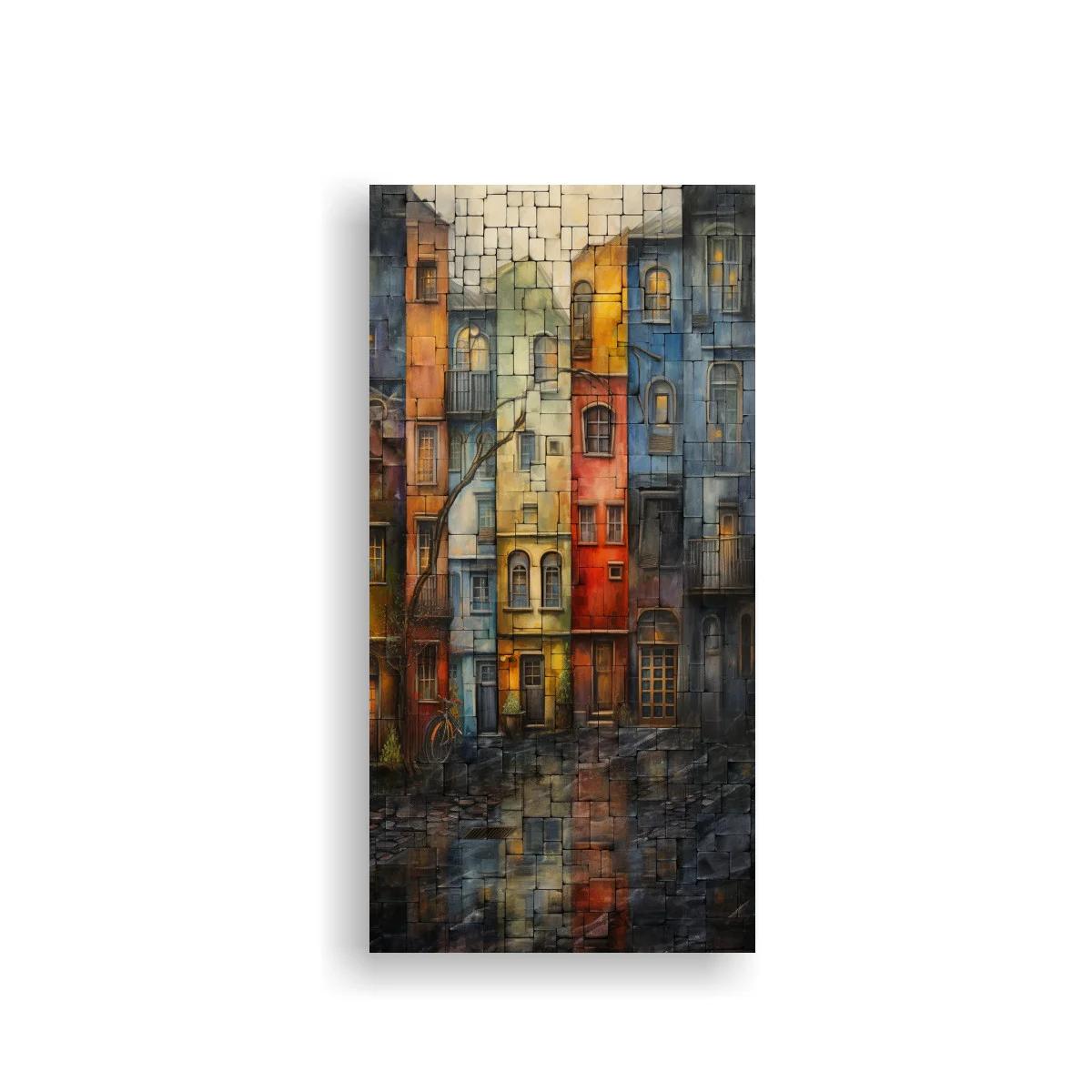 Cuadro fachadas de edificios estrechos con reflejos y textura