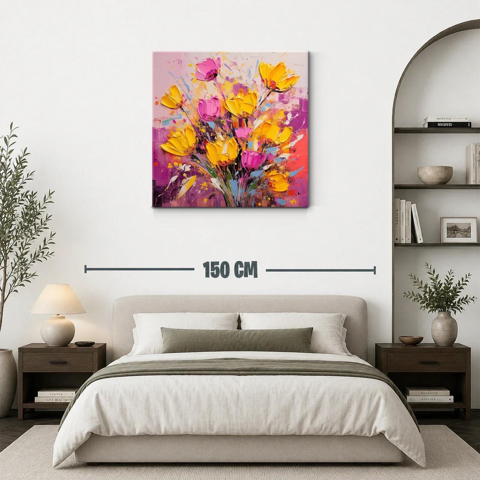 Cuadro floral vibrante con tonos amarillos y rosas intensos — miniatura 3