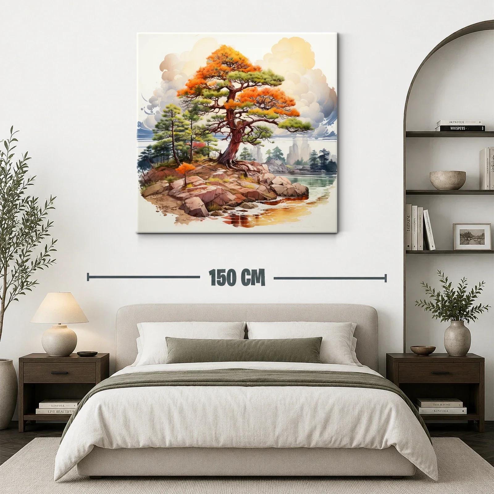 Paisaje con árbol en tonos cálidos junto al agua y rocas — miniatura 3