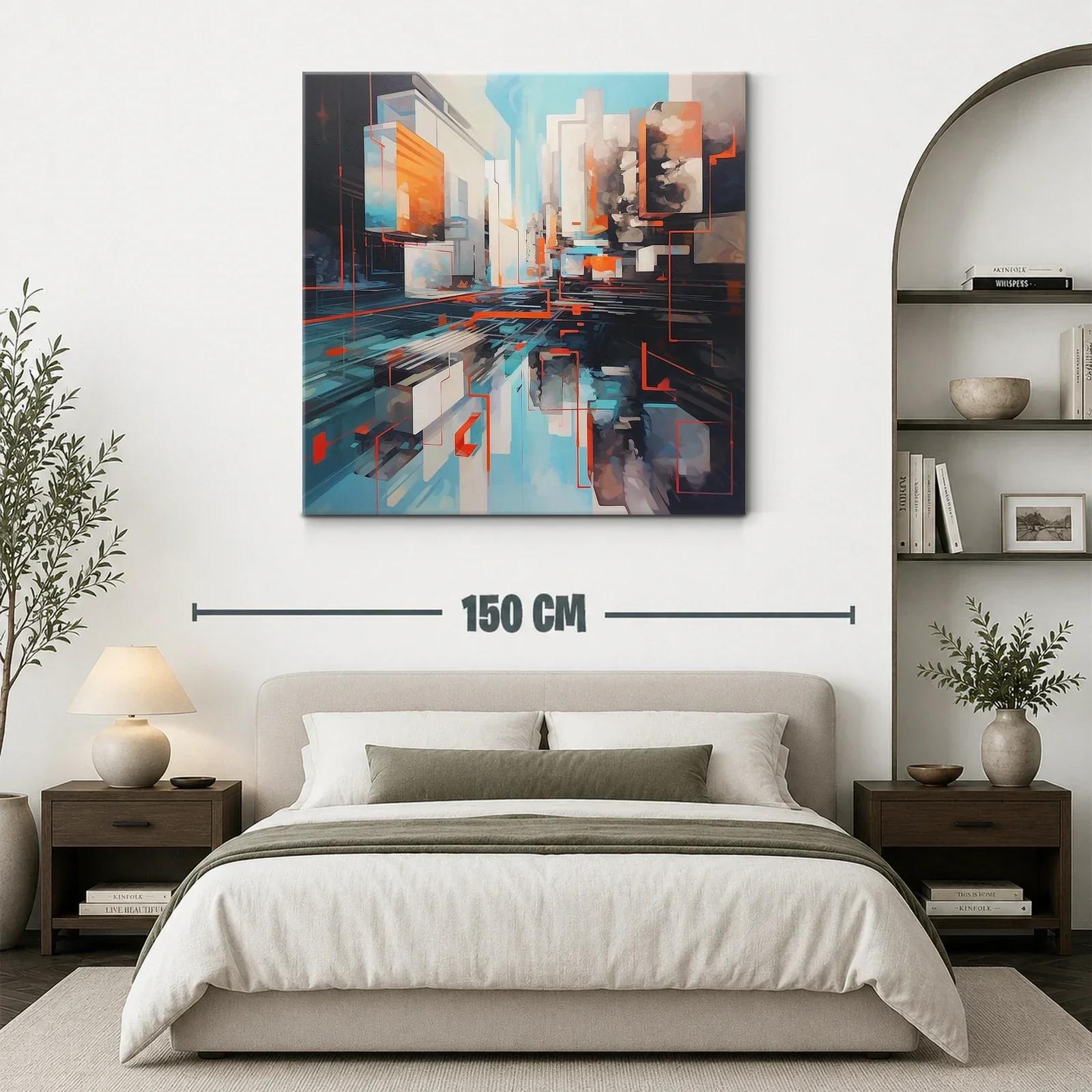 Cuadro abstracto urbano en tonos azules y naranjas vibrantes — miniatura 3