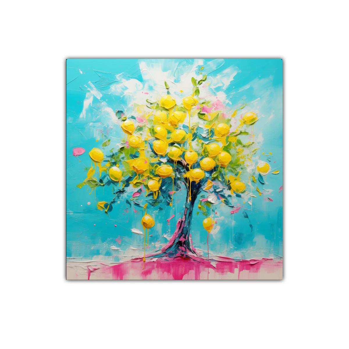 Árbol colorido con limones dorados y fondo celeste vibrante — miniatura 1