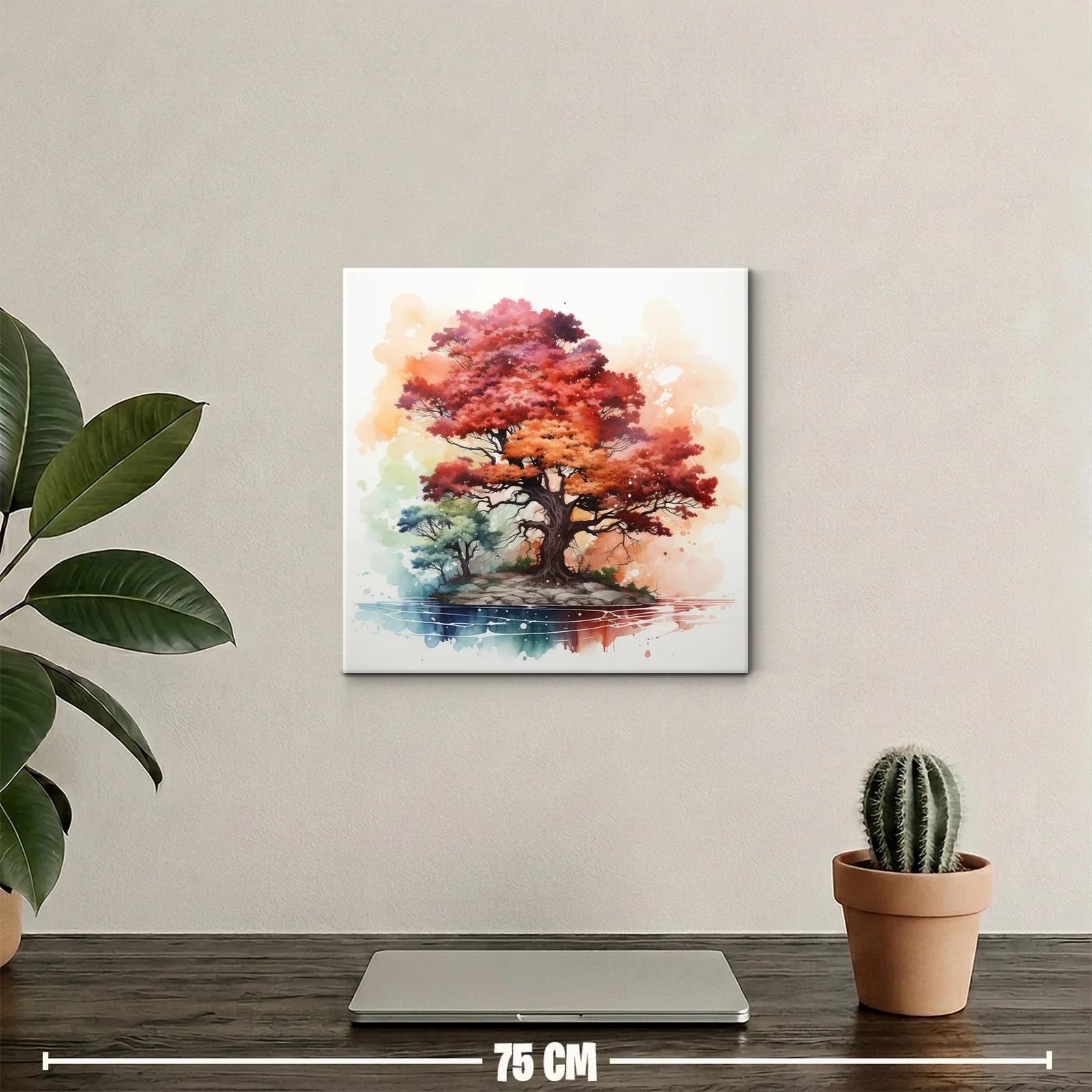 Árbol vibrante en isla con tonos otoño y acuarela — miniatura 2