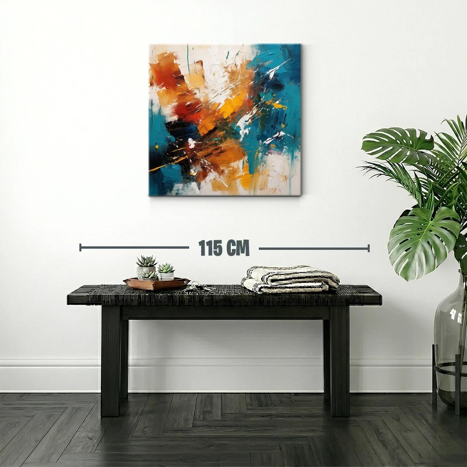 Cuadro abstracto con tonos cálidos y azul turquesa vibrante — miniatura 2