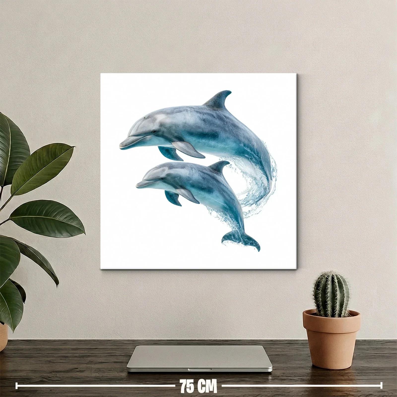 Cuadro de delfines saltando en tonos azules y grises — miniatura 2