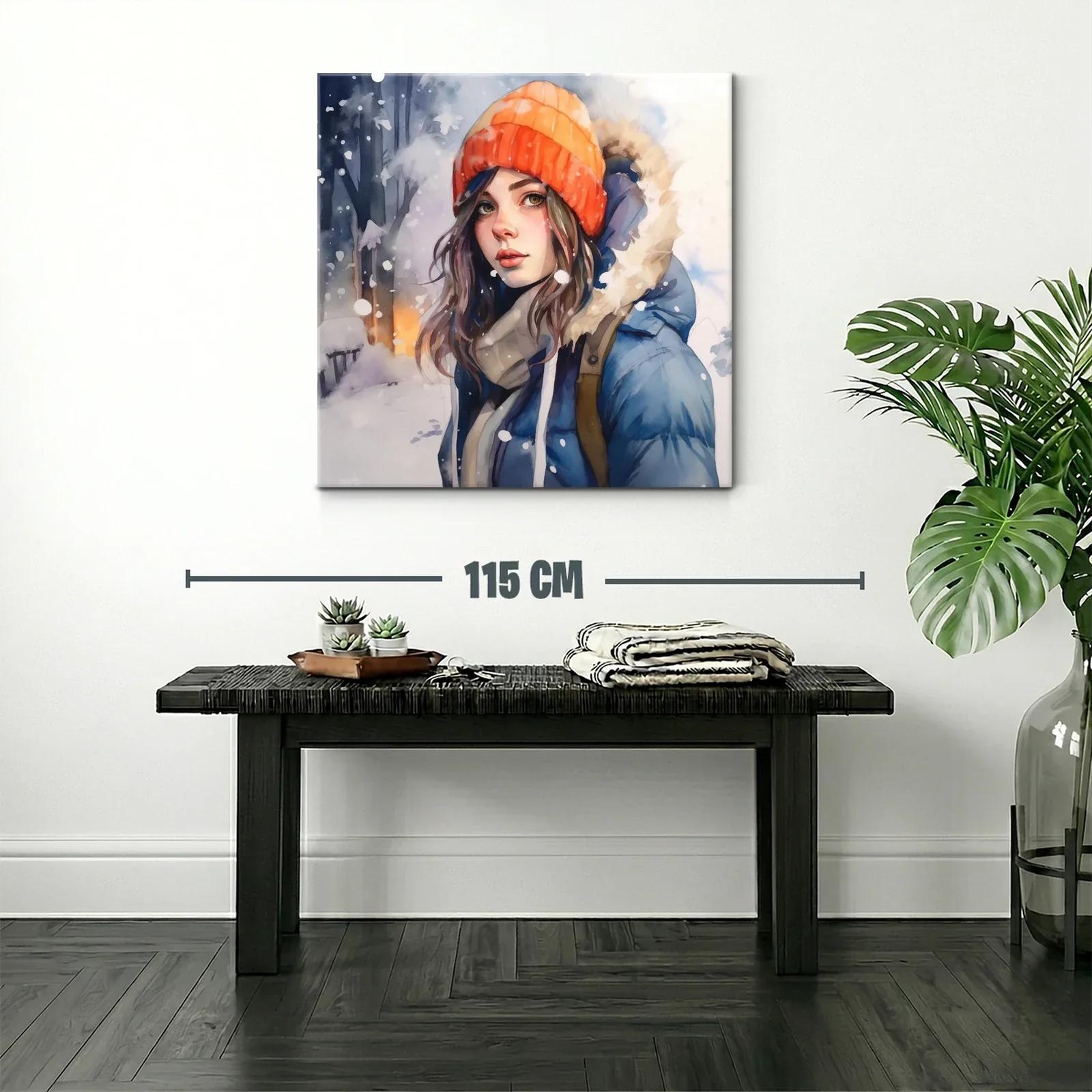 Retrato femenino invernal con gorro naranja y abrigo azul — miniatura 2
