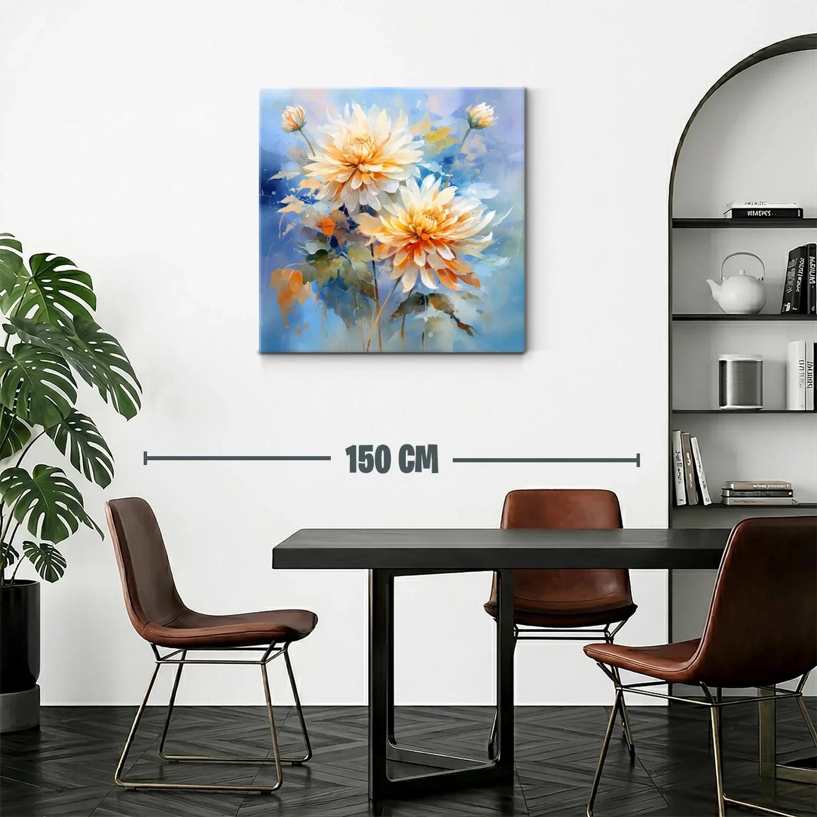 Cuadro floral con dalias en tonos cálidos y fondo azul — miniatura 2