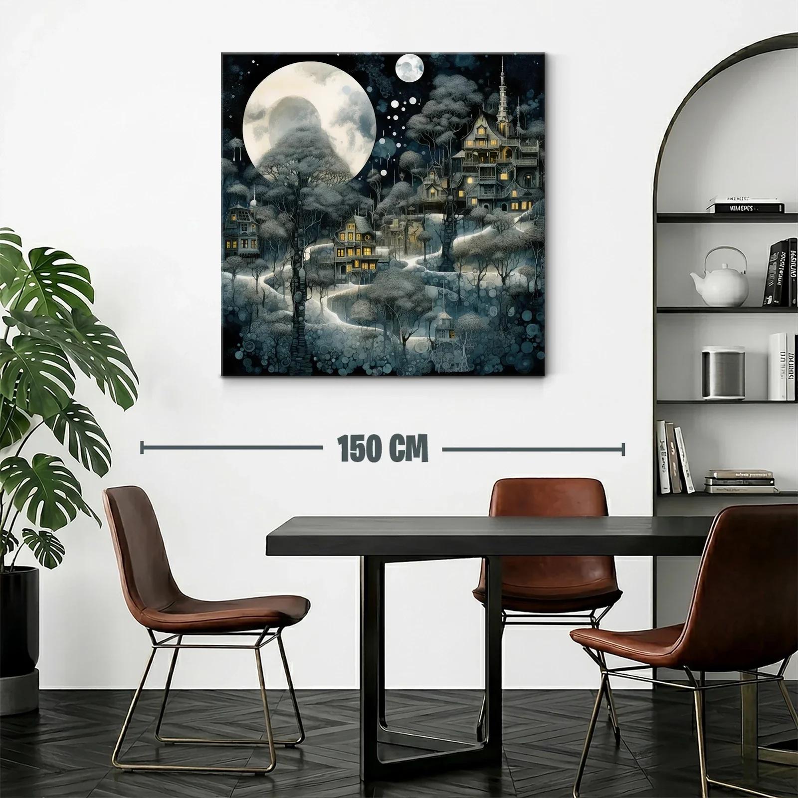 Pueblo encantado bajo la luna llena y árboles del bosque — miniatura 2