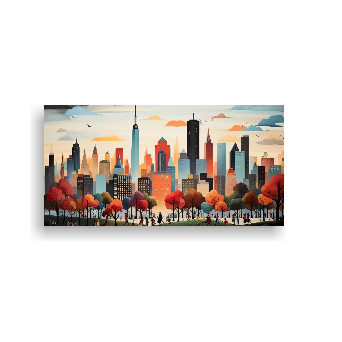 Cuadro skyline urbano con sendero y árboles otoñales — imagen principal