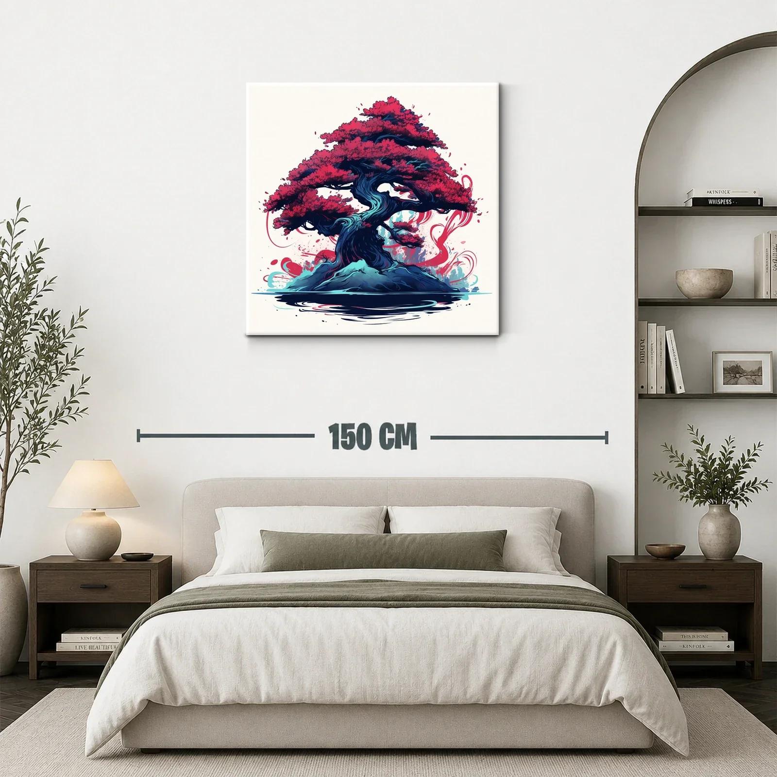 Árbol bonsái vibrante con follaje rojo intenso y base azul — miniatura 3