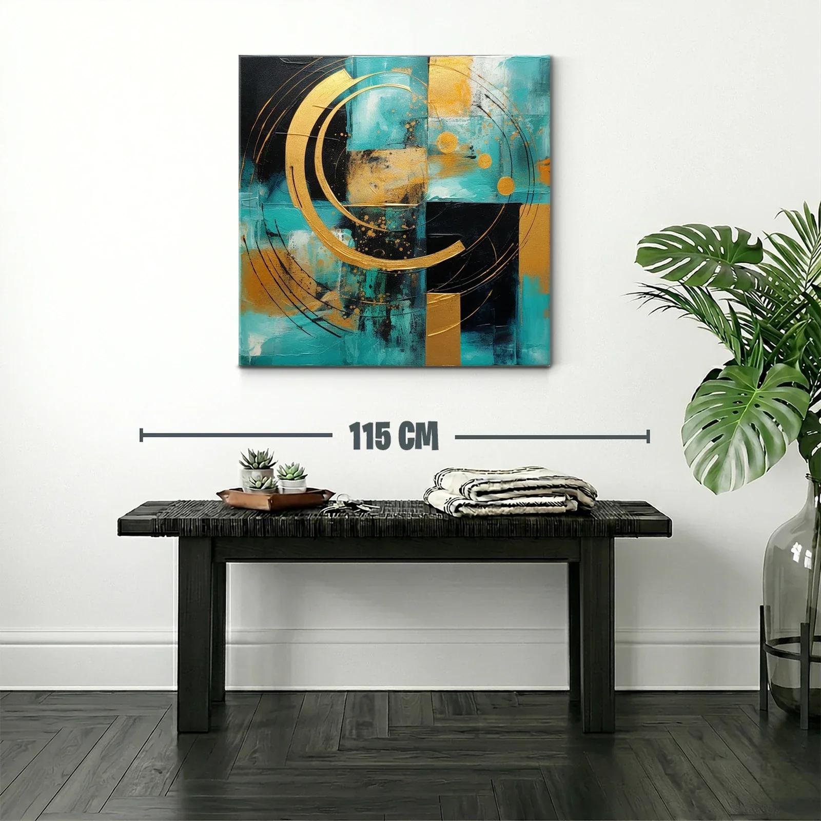 Cuadro abstracto con círculos dorados sobre fondo turquesa y negro — miniatura 2