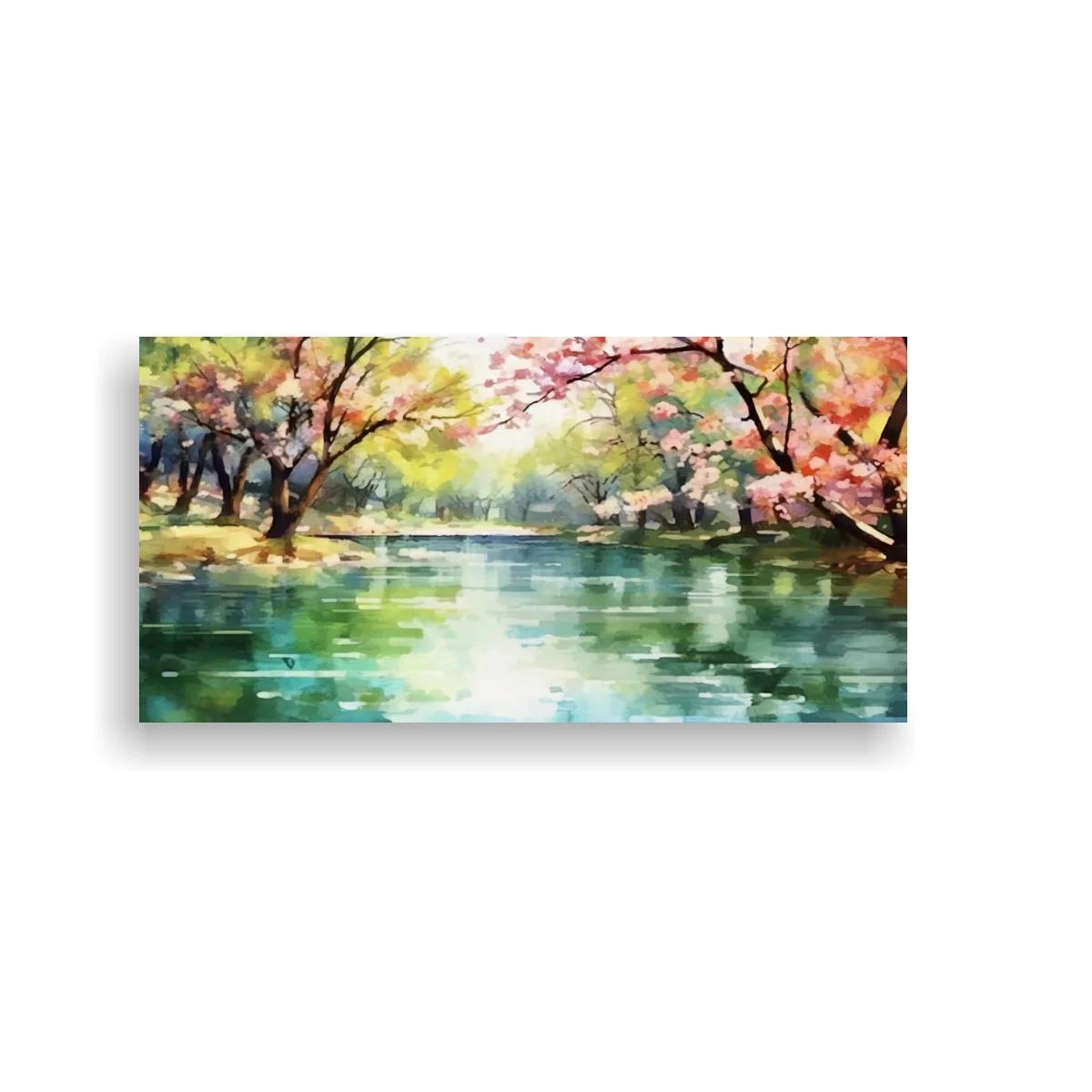 Cuadro lago entre árboles en flor — imagen principal