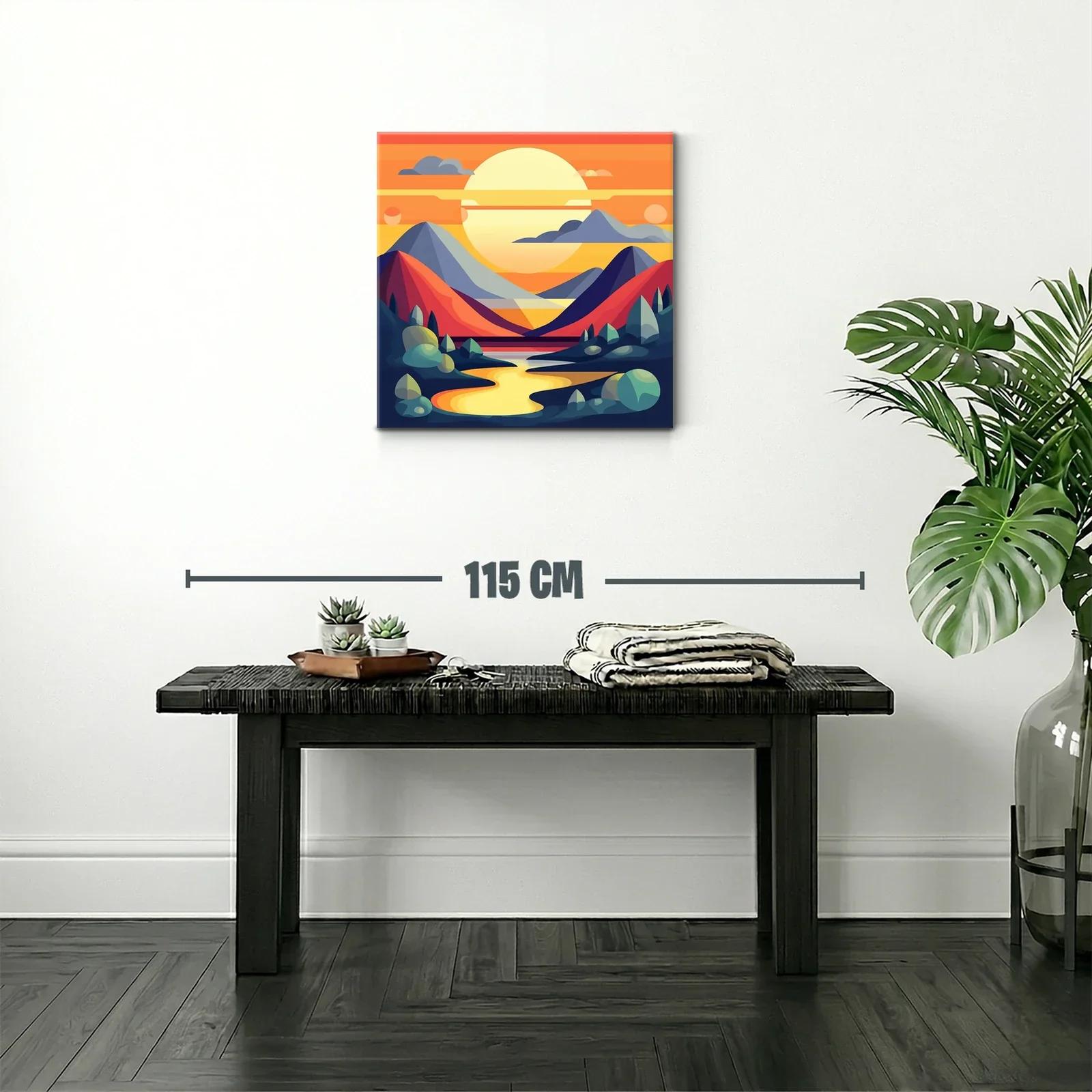 Paisaje abstracto con montañas y río al atardecer vibrante — miniatura 2