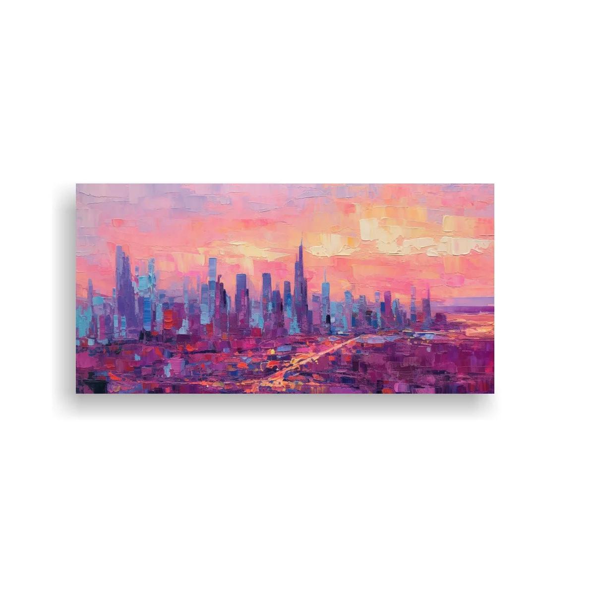 Cuadro skyline urbano al atardecer con cielo rosa y violeta — imagen principal