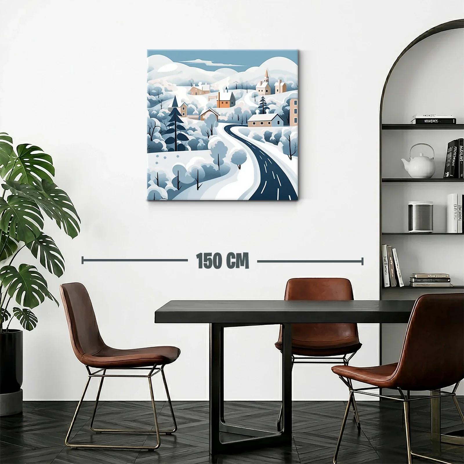Paisaje invernal con carretera serpenteante y casas — miniatura 2