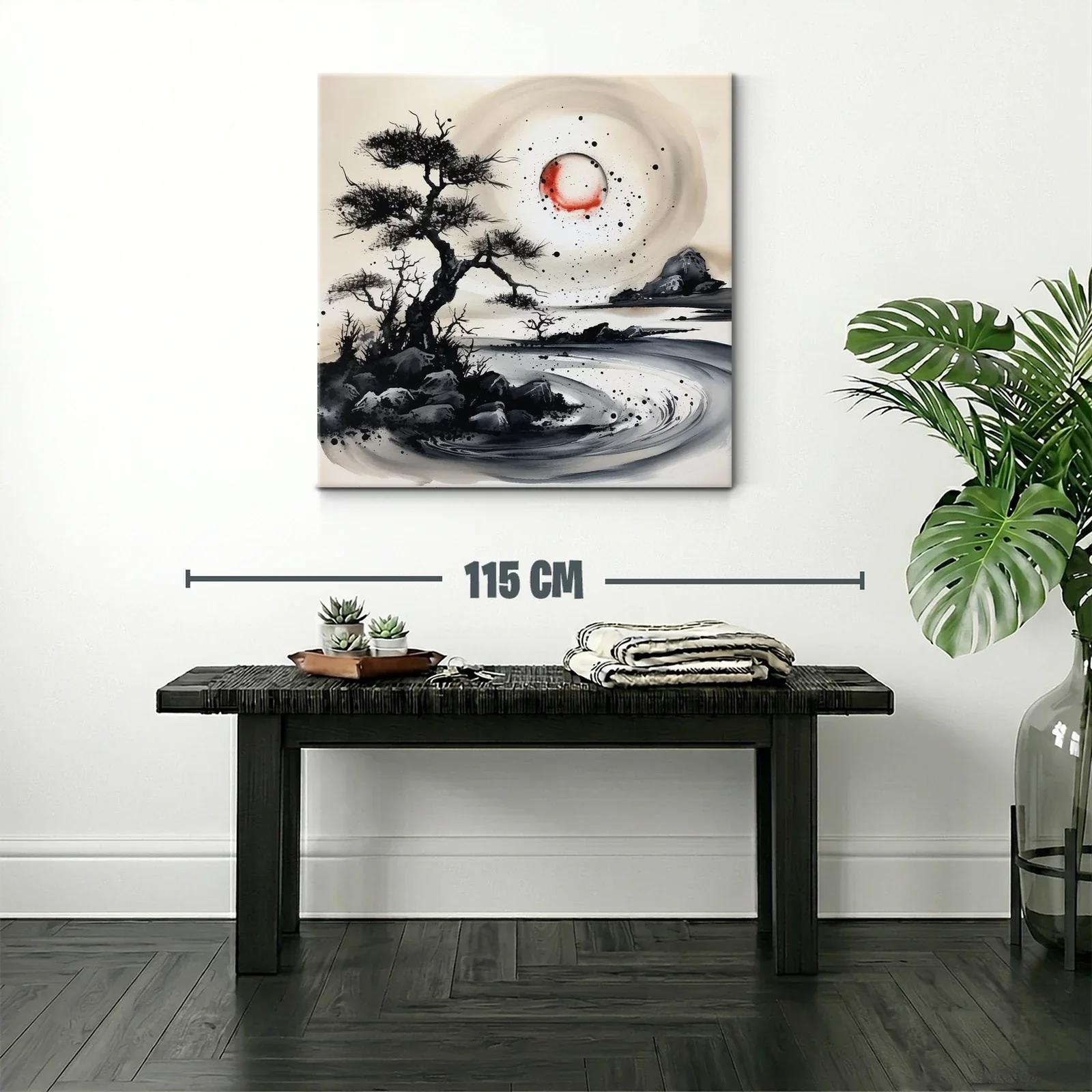 Paisaje onírico con árboles y luna roja en tinta china — miniatura 2
