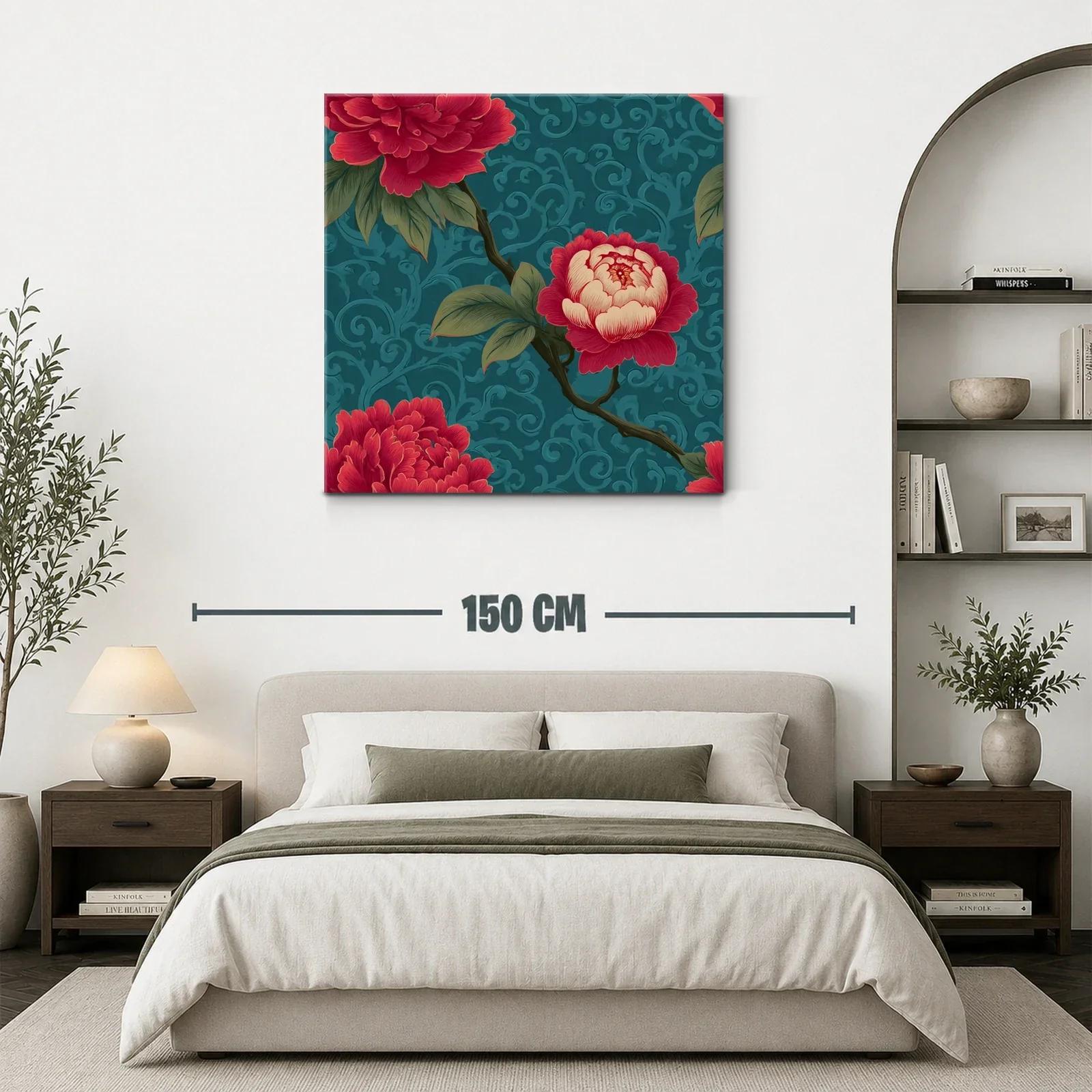 Cuadro floral con rosas rojas sobre fondo azul texturizado — miniatura 3