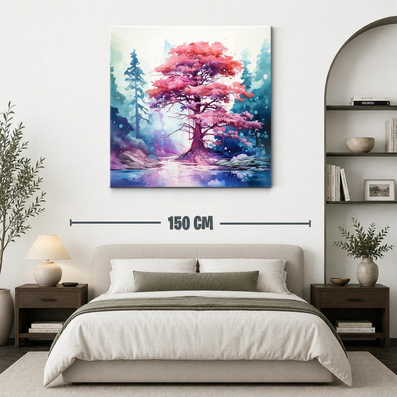 Árbol rosa mágico entre bosque azul y lago tranquilo — miniatura 3