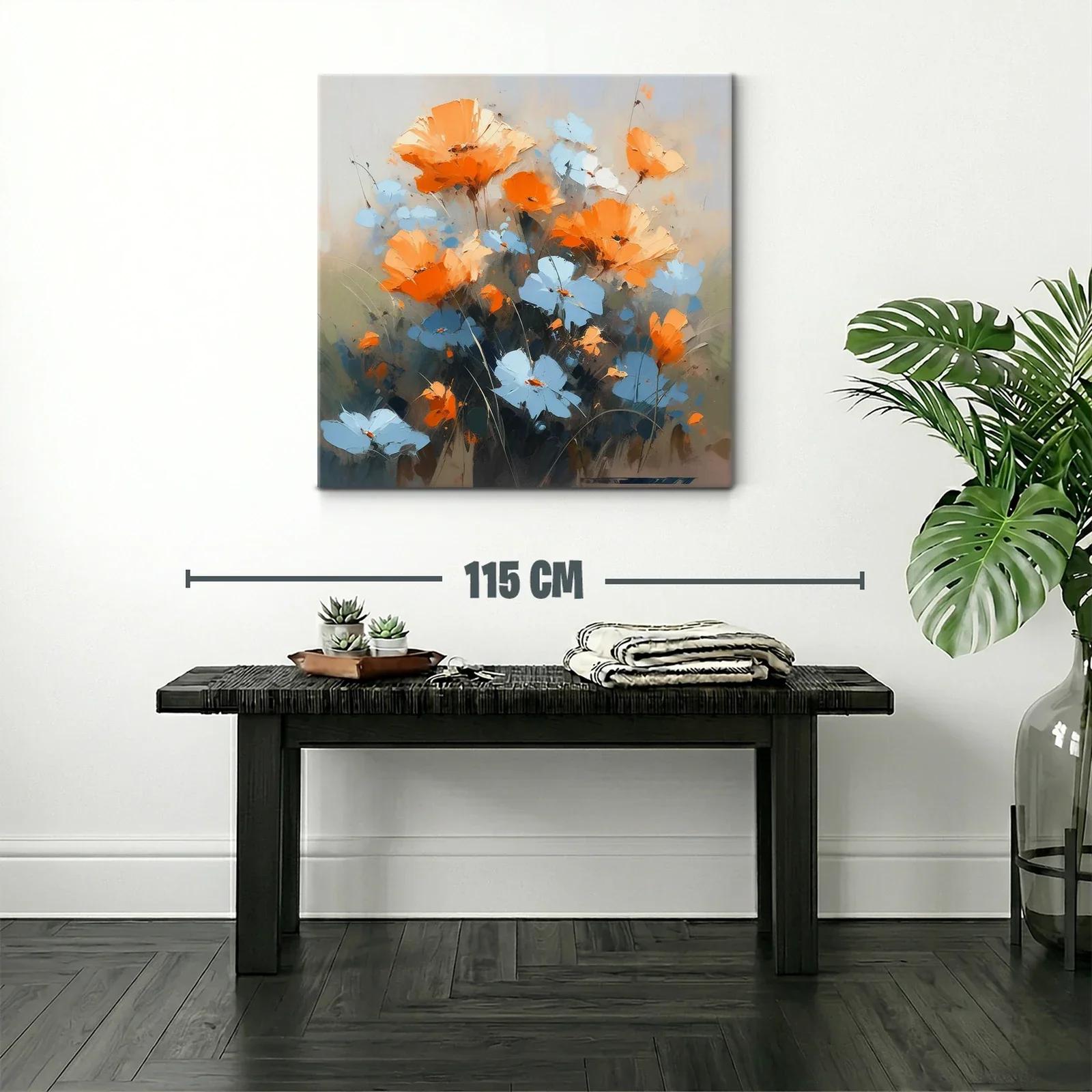 Cuadro moderno con flores naranjas y azules vibrantes — miniatura 2