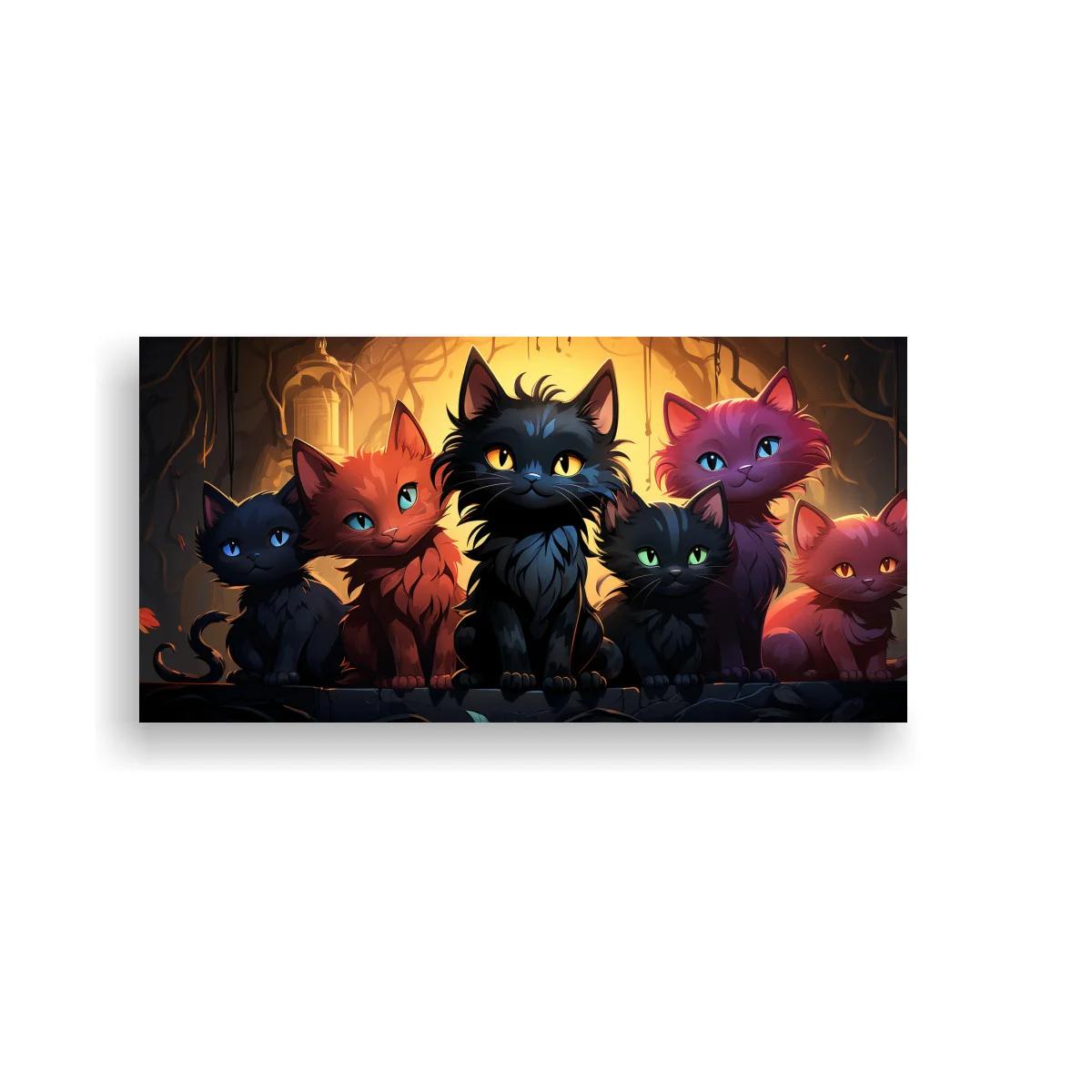 Cuadro grupo de gatos alineados con gato negro destacado — imagen principal