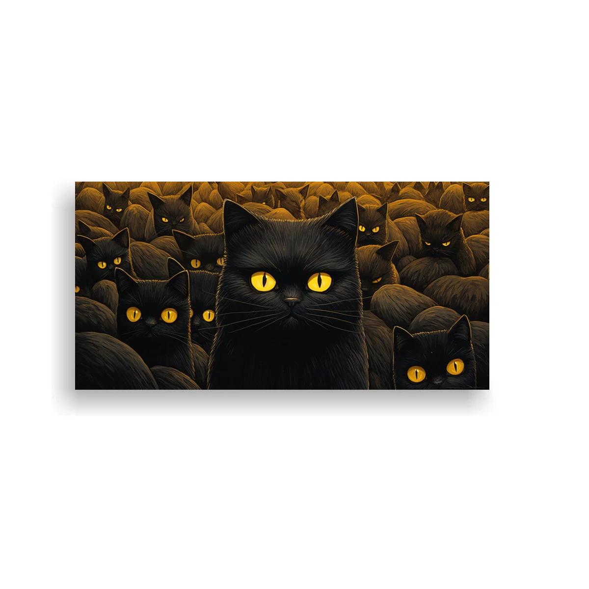 Cuadro gato negro de ojos amarillos entre muchos felinos