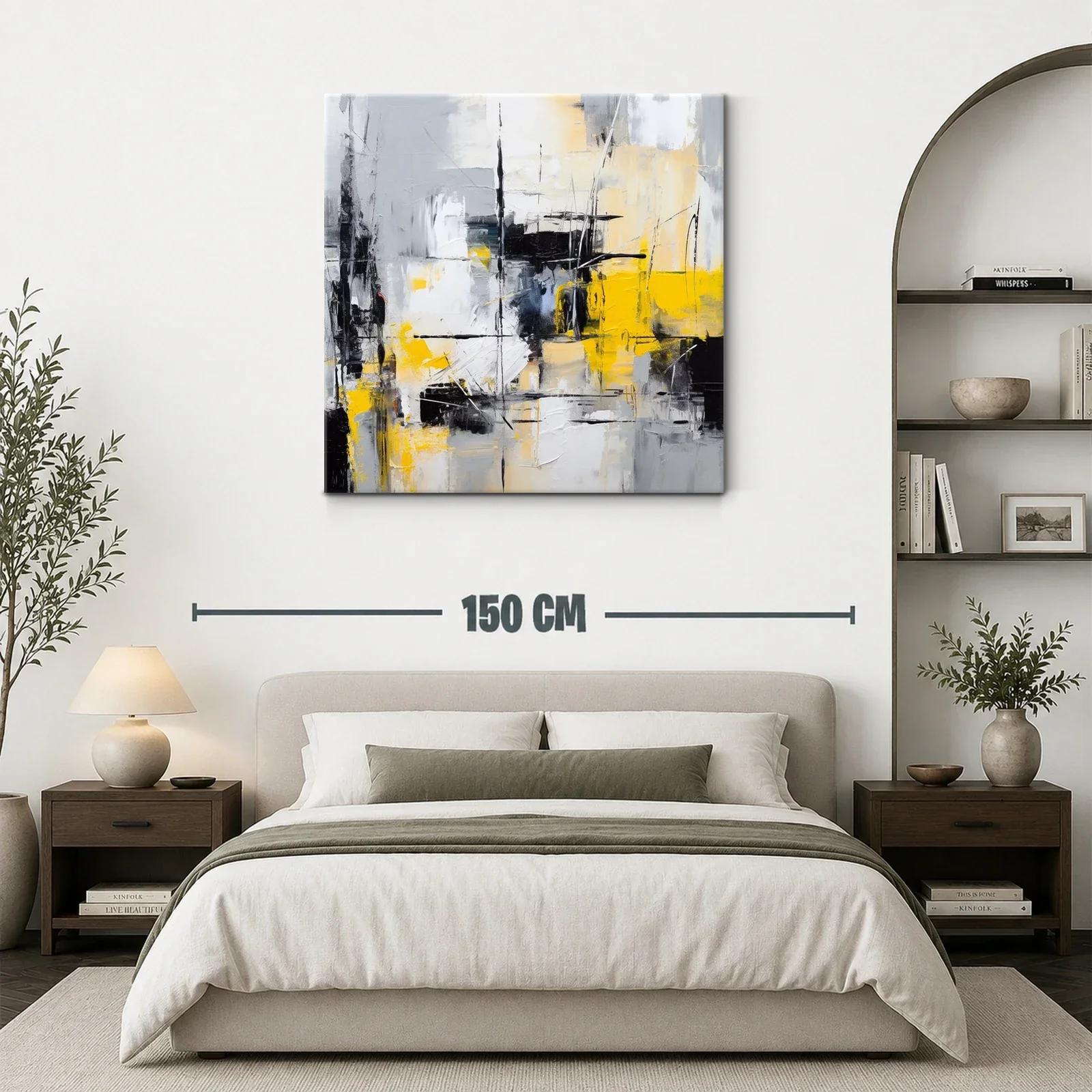 Cuadro abstracto con tonos grises, negros y amarillo vibrante — miniatura 3