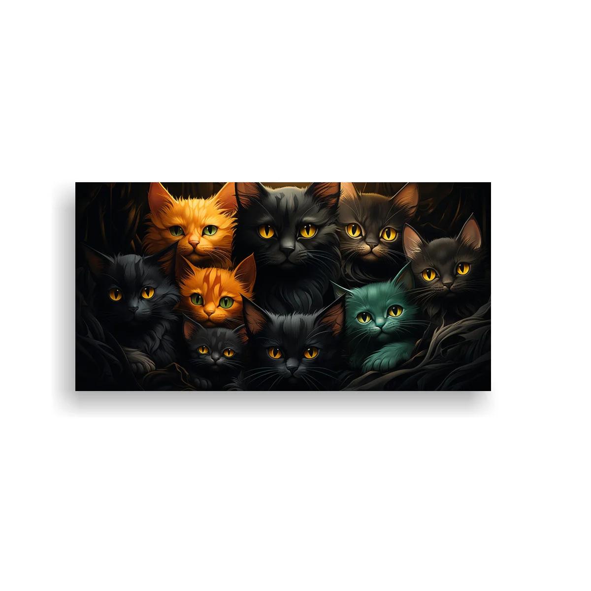 Cuadro grupo de gatos negros y naranjas con miradas iluminadas — imagen principal