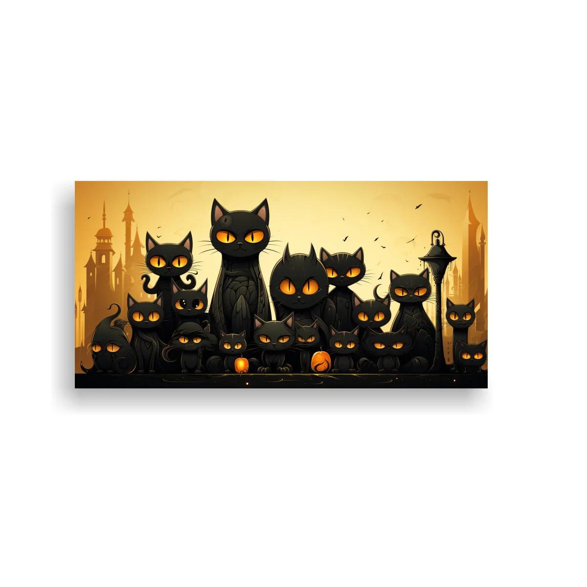 Cuadro grupo de gatos negros con farol y calabazas — imagen principal