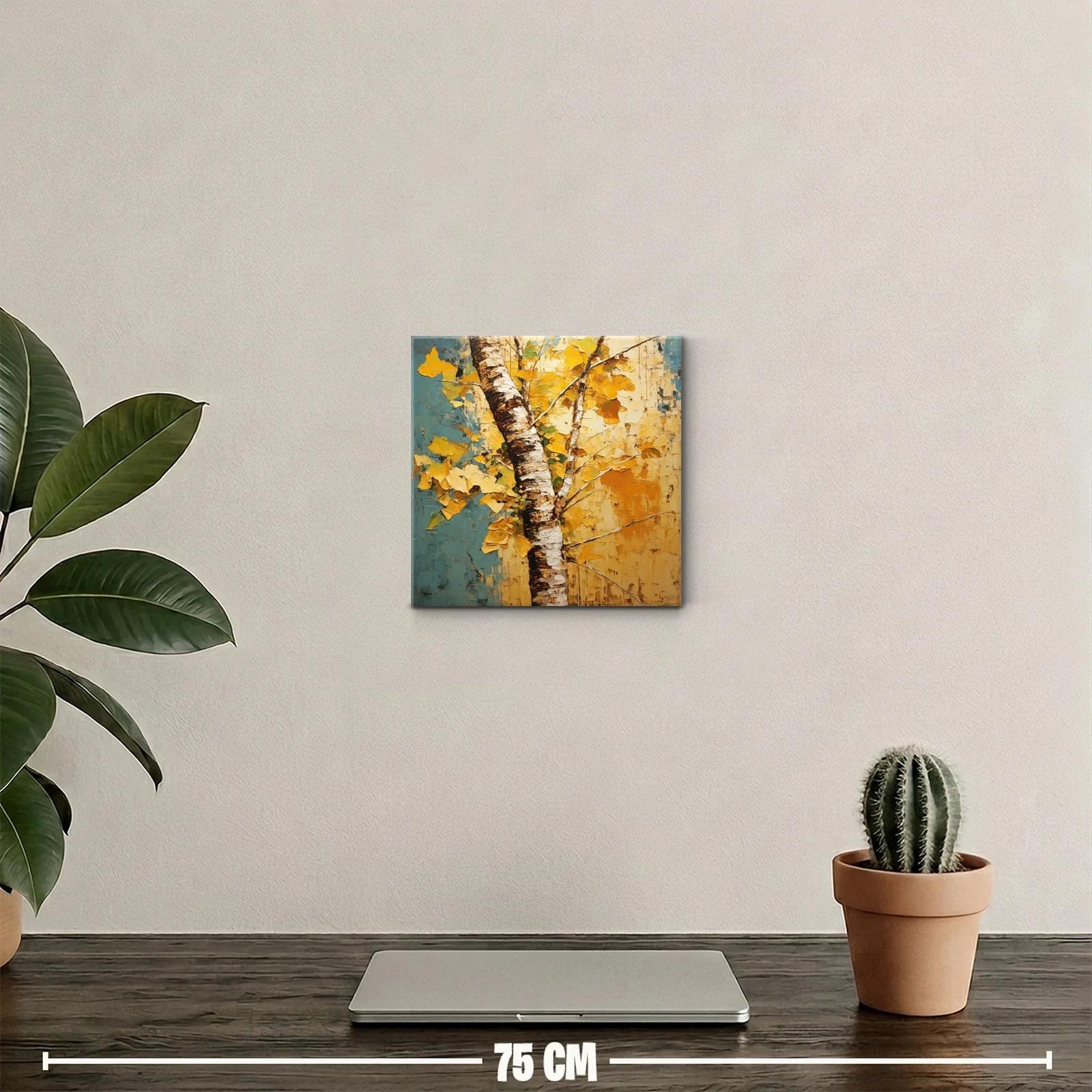 Árbol otoñal con hojas doradas y fondo azul y amarillo — miniatura 2