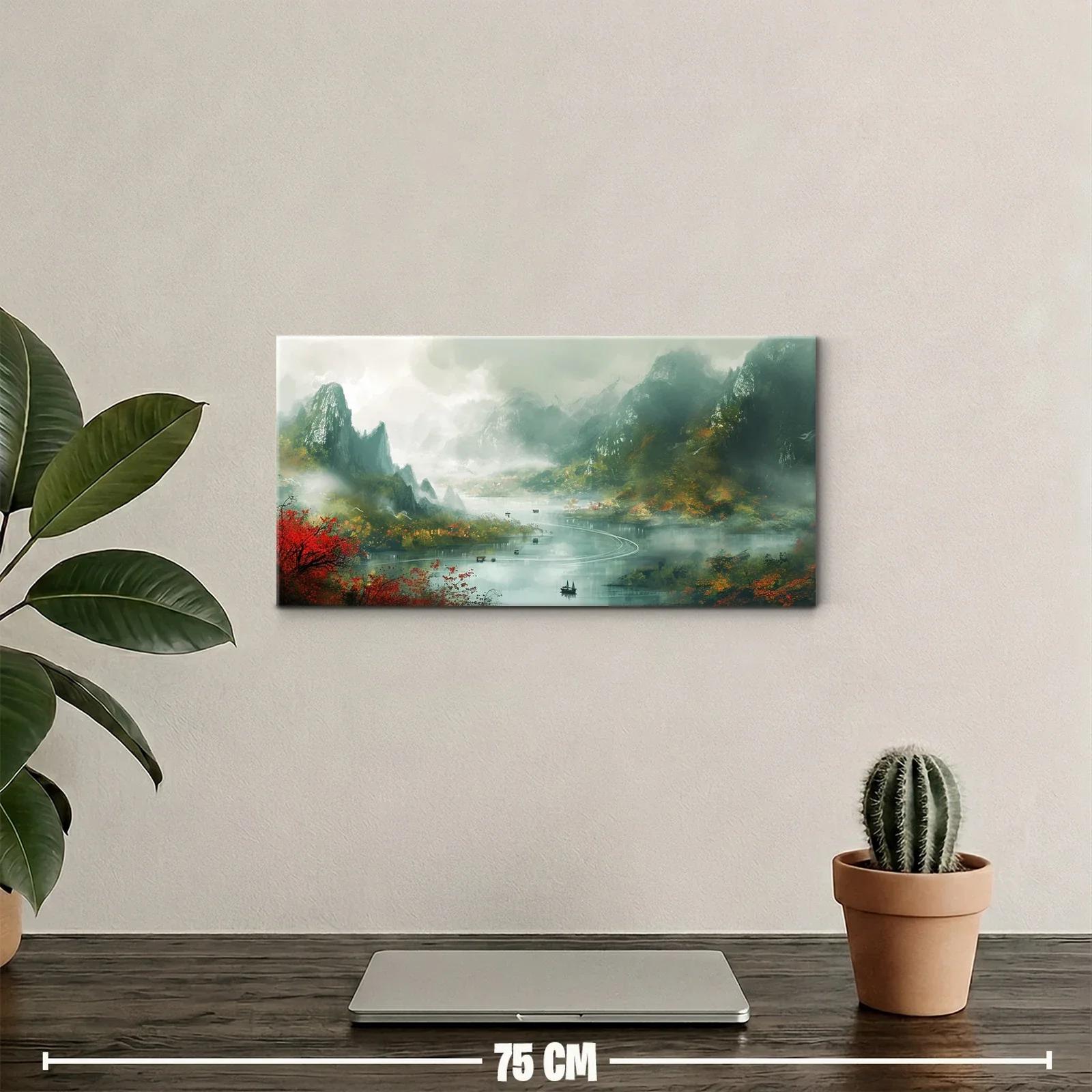 Cuadro paisaje montañoso con lago y niebla — miniatura 2