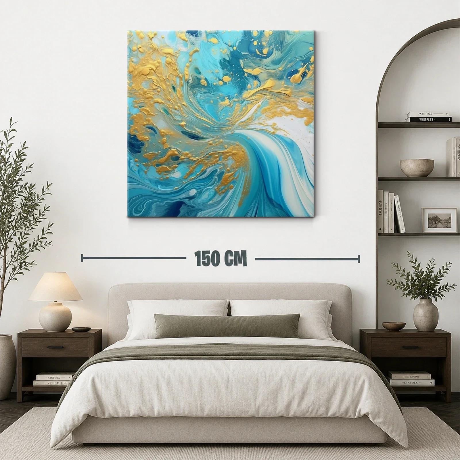Cuadro abstracto con remolinos en azul y dorado elegante — miniatura 3