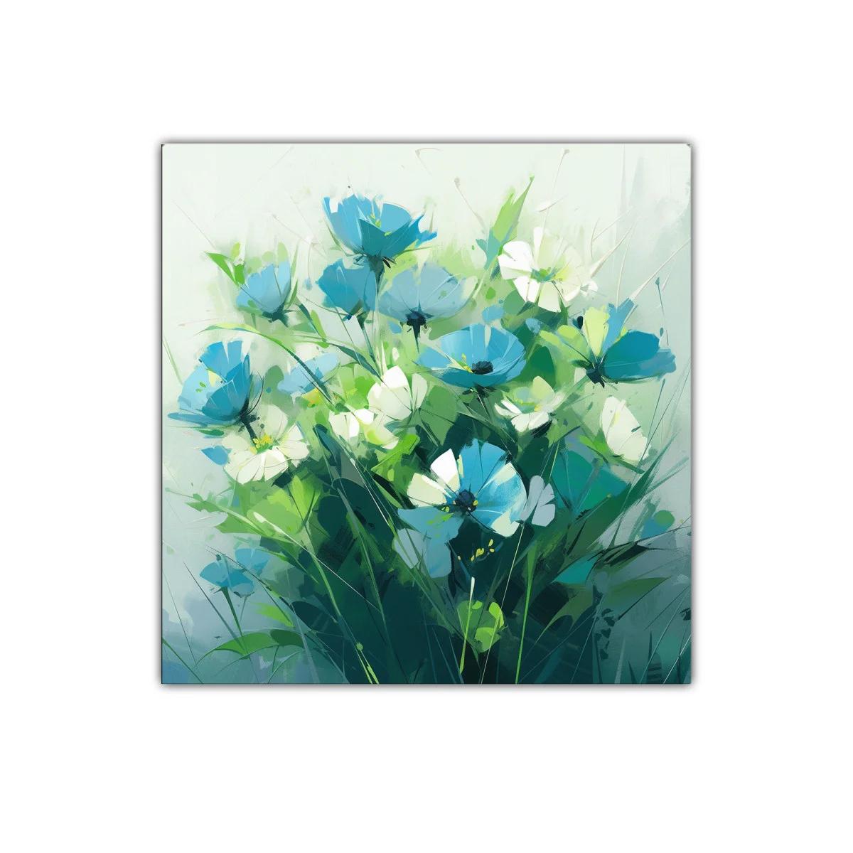 Cuadro floral en tonos azules y verdes para decoración fresca