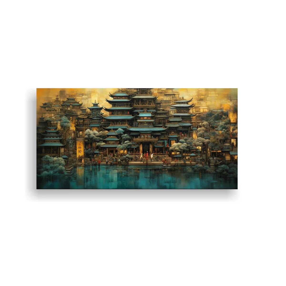 Cuadro ciudad de pagodas asiáticas con luz cálida y agua — imagen principal