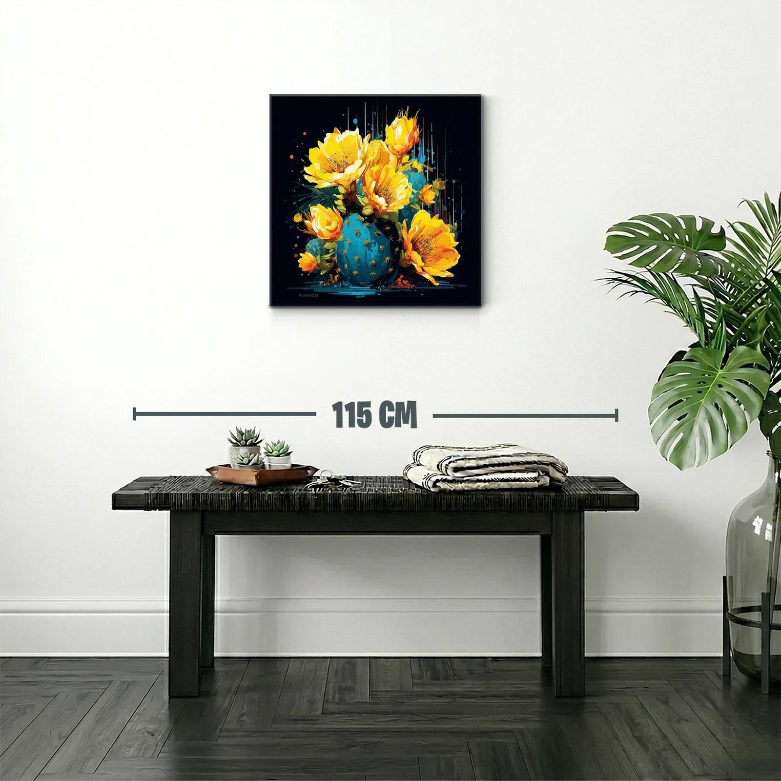 Cuadro moderno con flores amarillas y cactus azul vibrante — miniatura 2