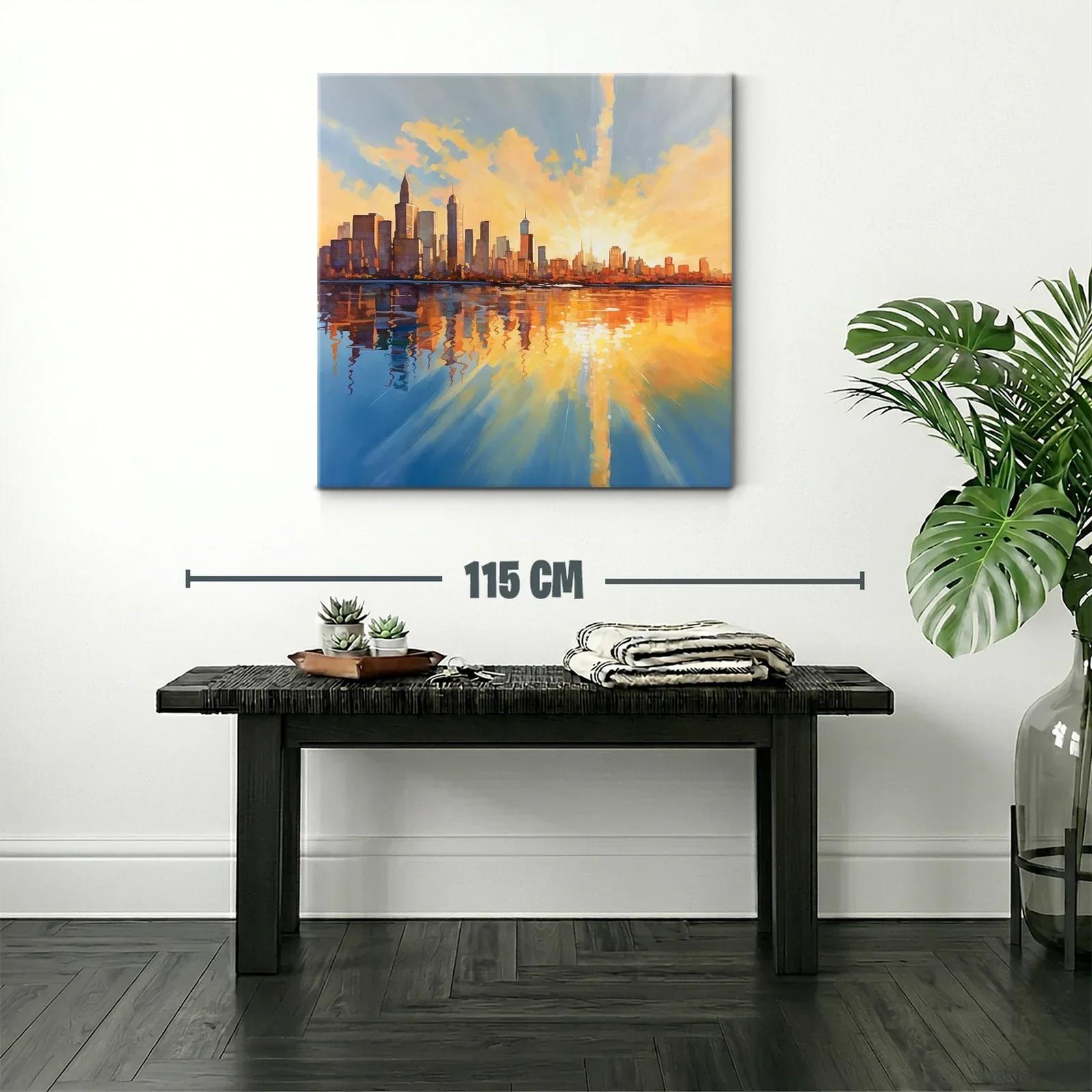 Atardecer vibrante sobre horizonte urbano reflejado en agua — miniatura 2