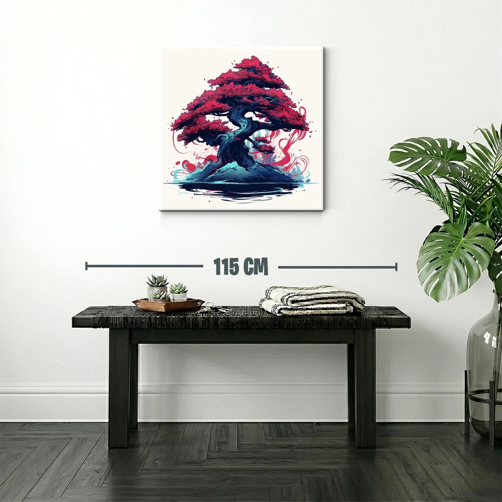 Árbol bonsái vibrante con follaje rojo intenso y base azul — miniatura 2