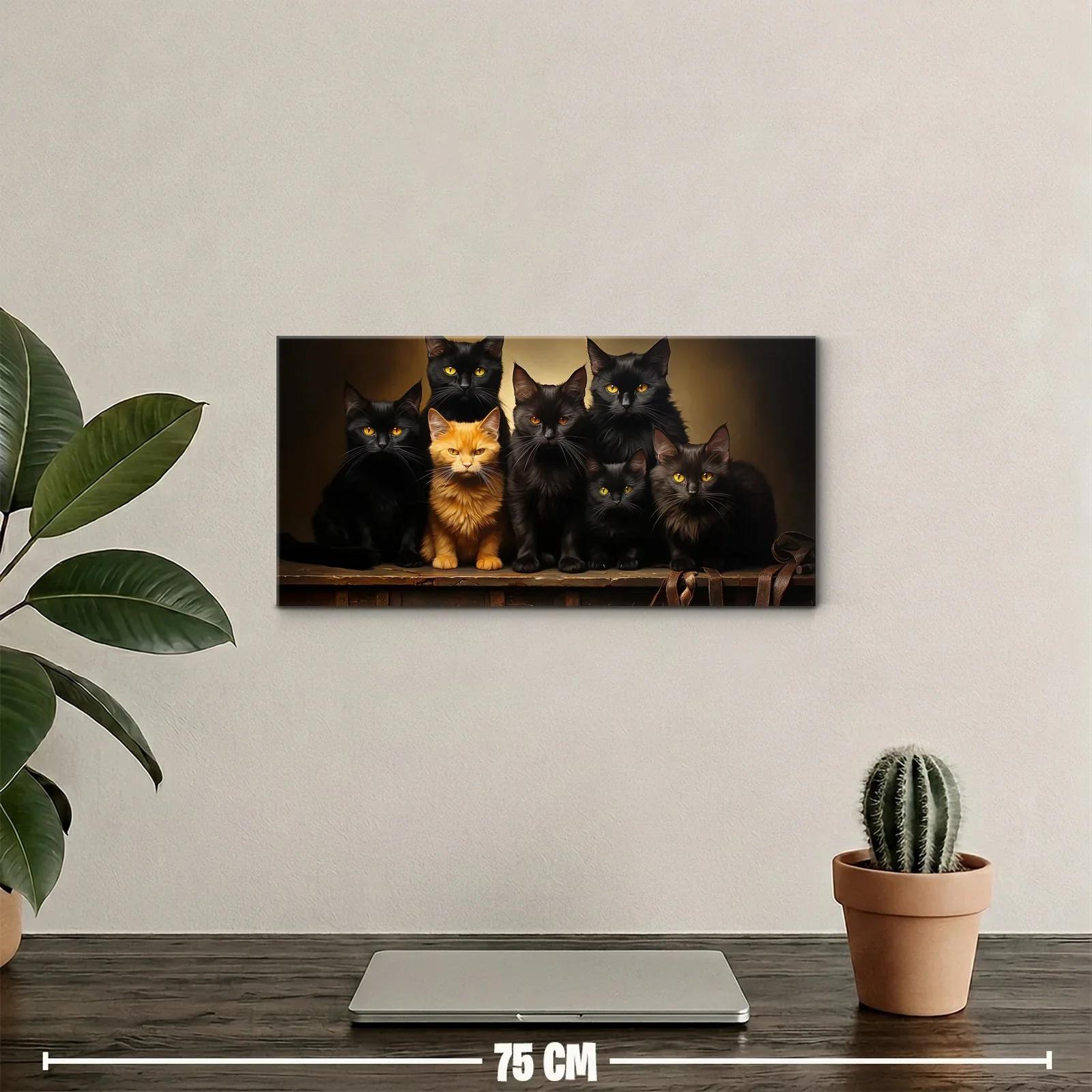 Cuadro grupo de gatos sobre repisa de madera — miniatura 2