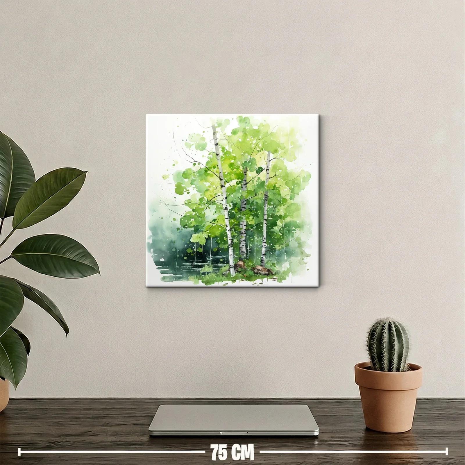 Bosque de abedules en acuarela con tonos verdes vibrantes — miniatura 2