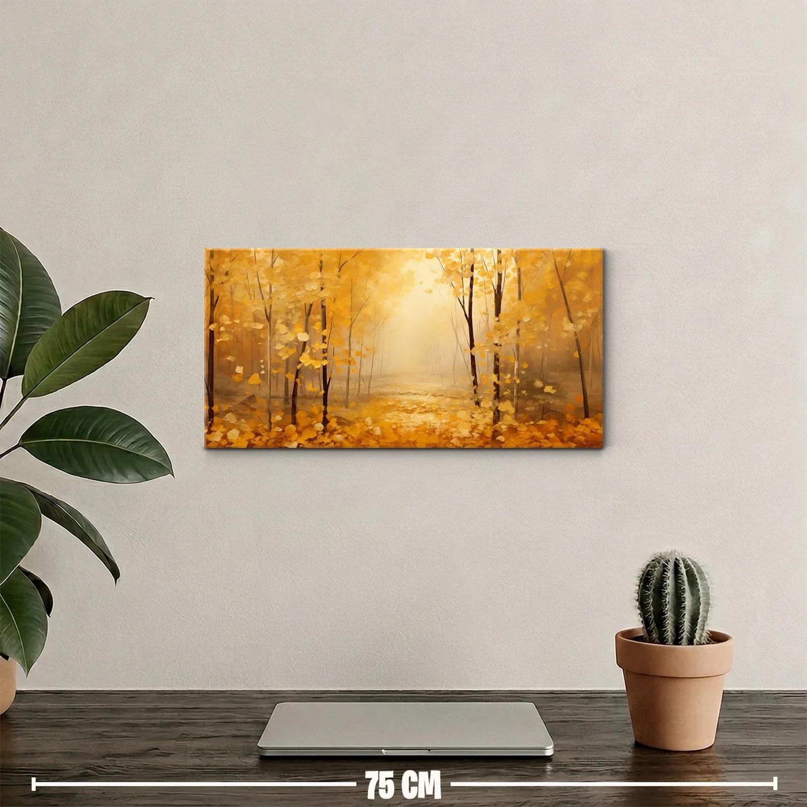 Cuadro bosque otoñal con claro luminoso y hojas doradas — miniatura 2