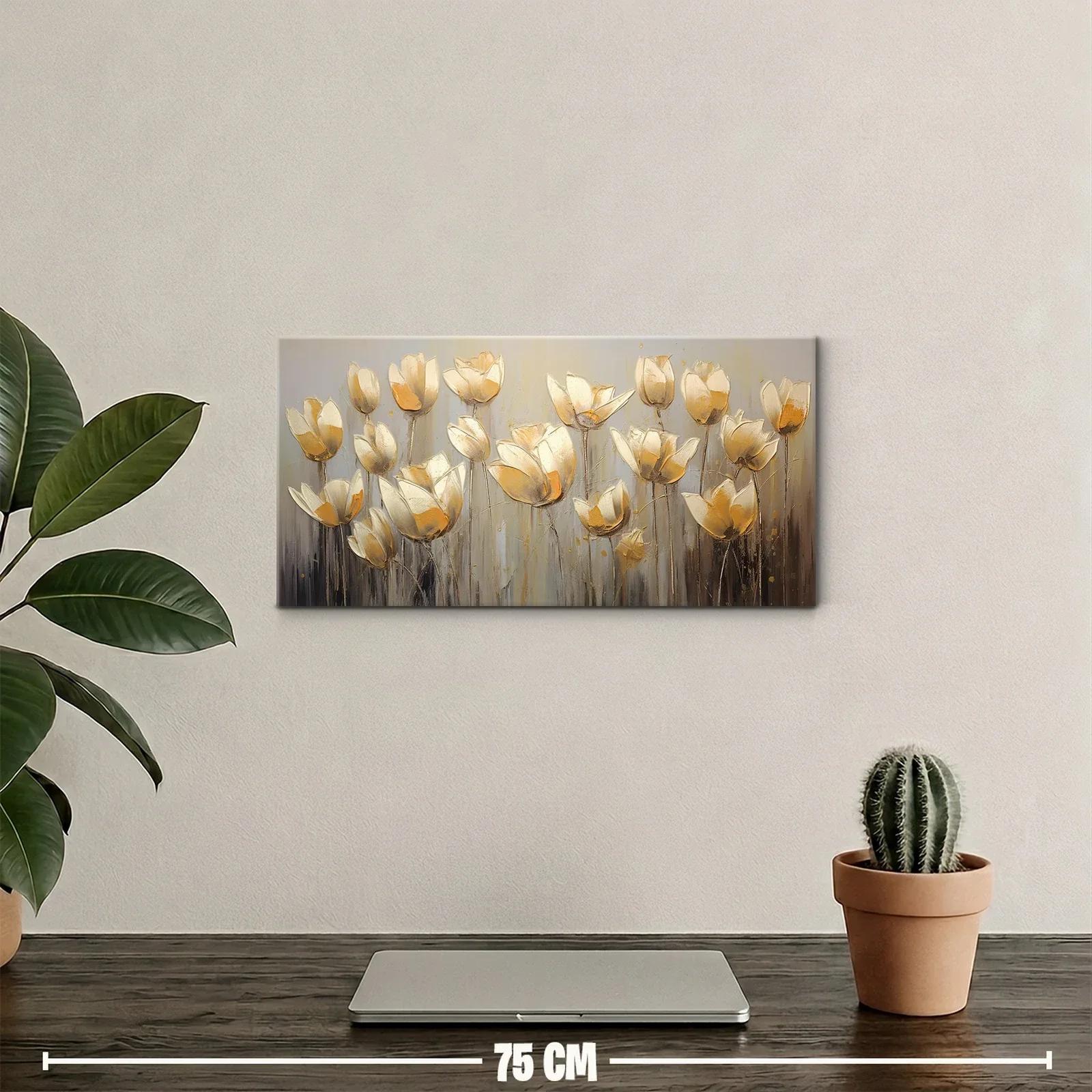 Cuadro tulipanes crema y dorados con tallos verticales — miniatura 2