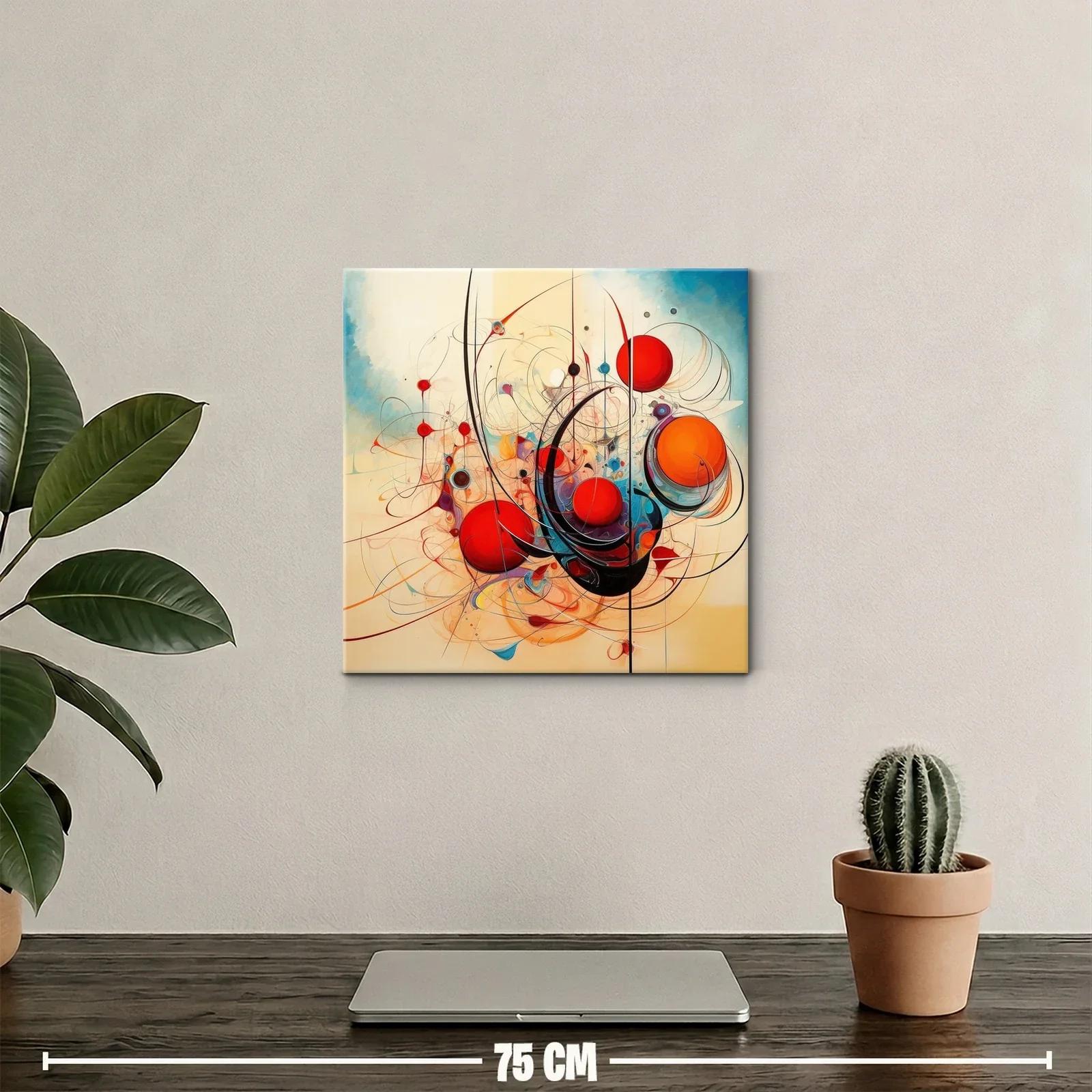 Cuadro abstracto con esferas rojas y trazos curvos dinámicos — miniatura 2