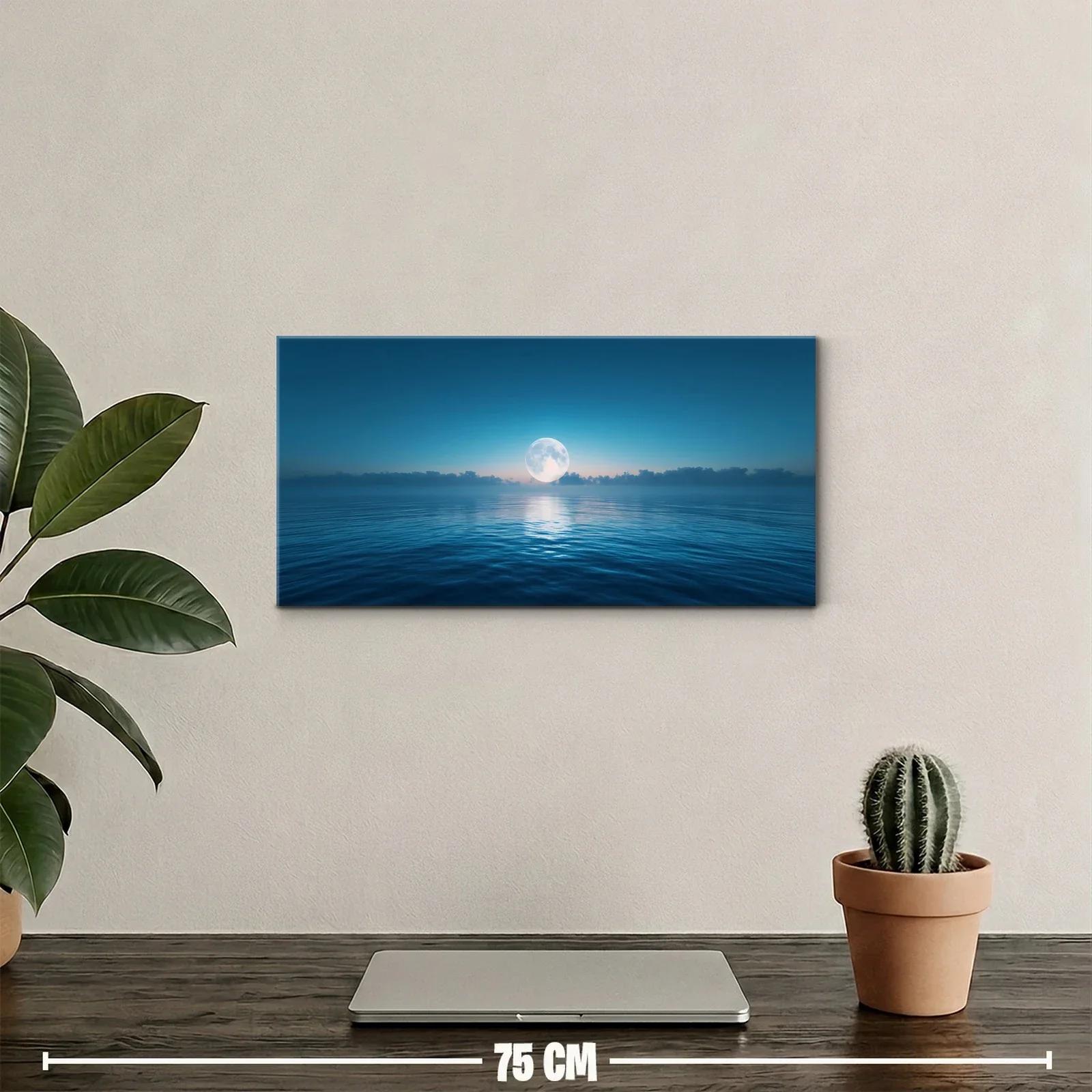Cuadro luna llena sobre el mar con reflejo plateado — miniatura 2