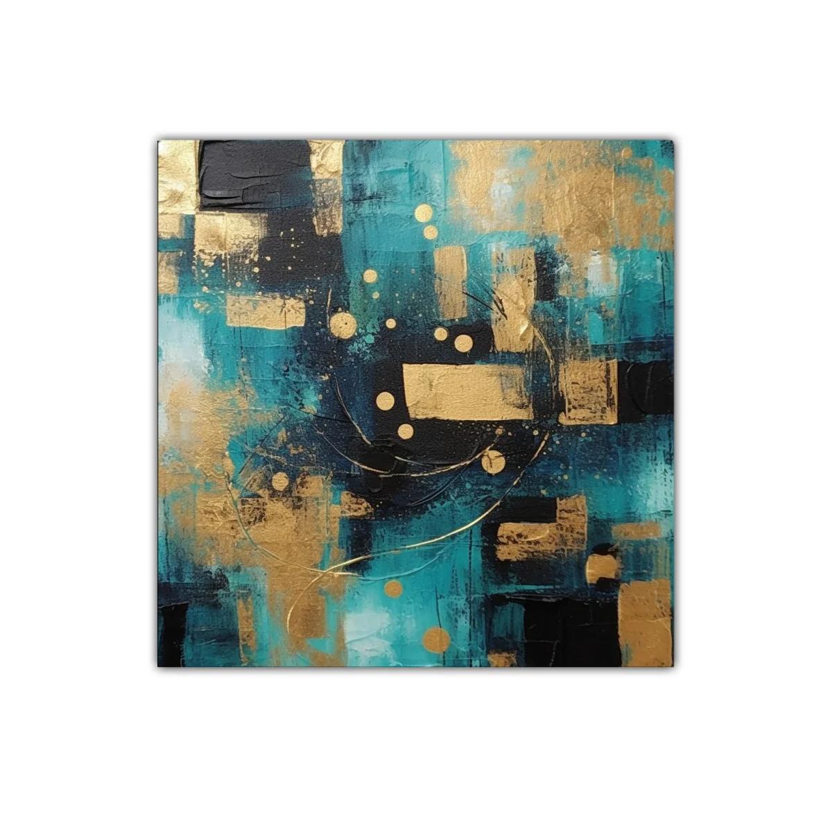 Cuadro abstracto con tonos azul turquesa y dorado — miniatura 1