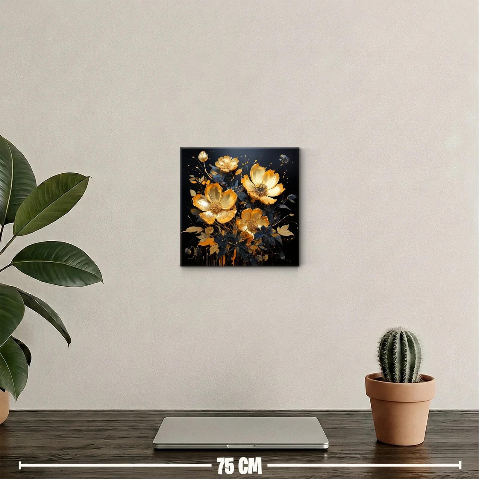 Cuadro decorativo con flores doradas y hojas oscuras — miniatura 2