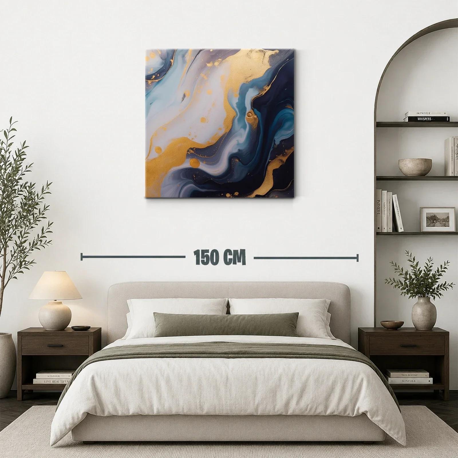 Cuadro abstracto con tonos azules y dorados luminosos — miniatura 3