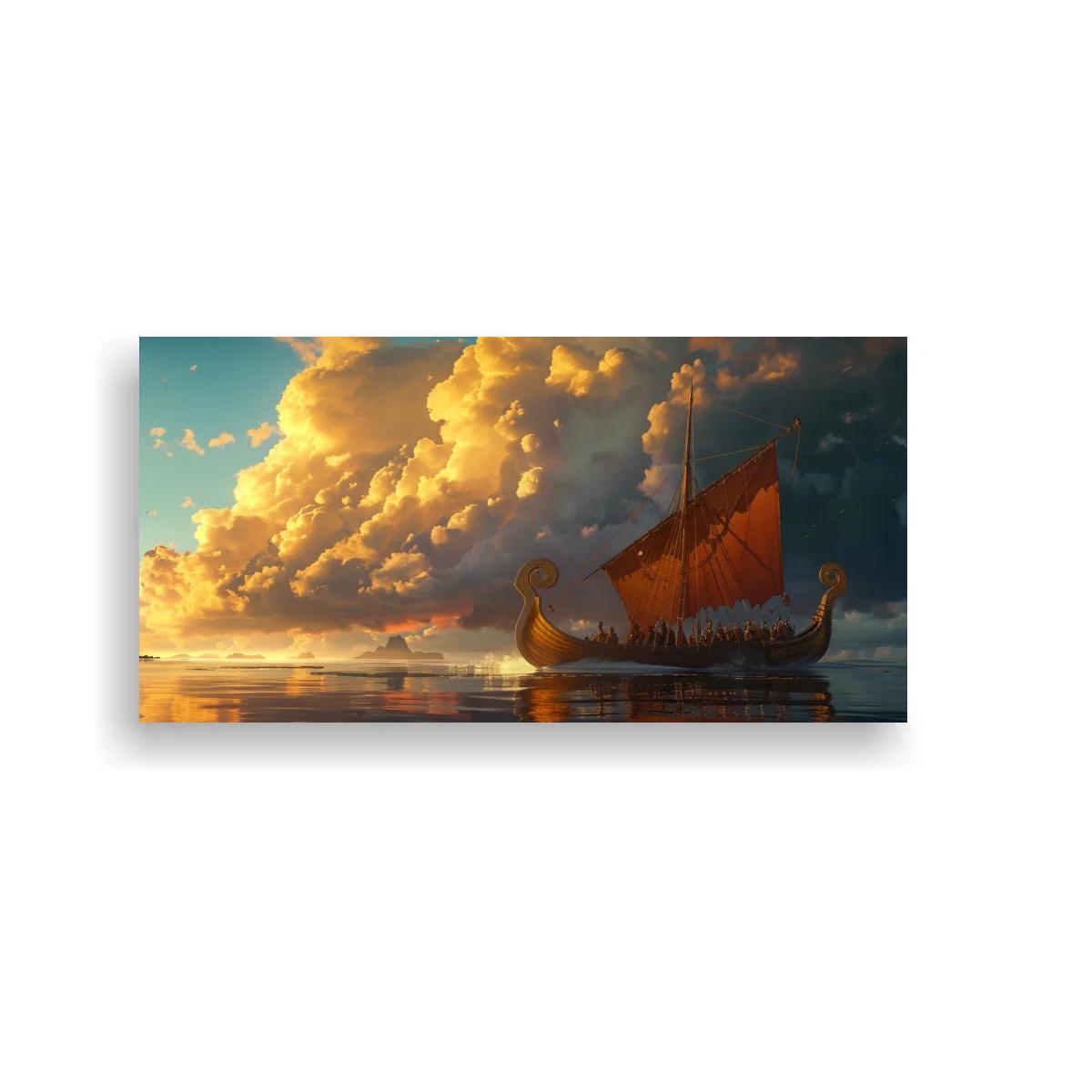 Cuadro barco vikingo con vela roja y cielo dorado — imagen principal
