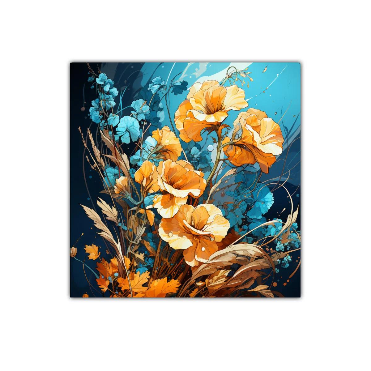 Cuadro con flores vibrantes en tonos naranjas y azules