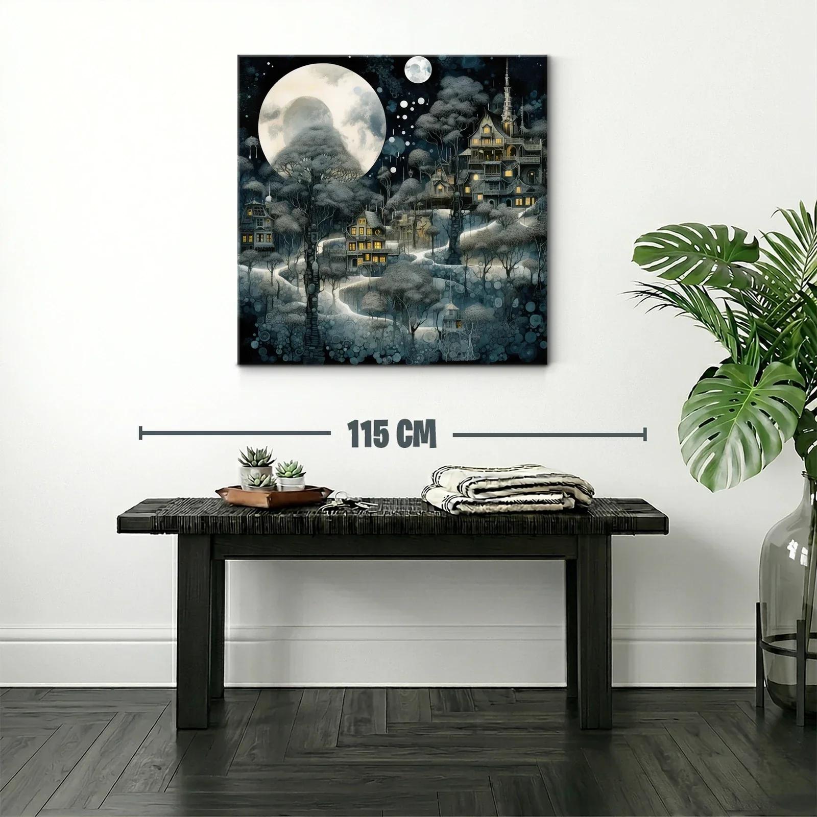 Pueblo encantado bajo la luna llena y árboles del bosque — miniatura 2